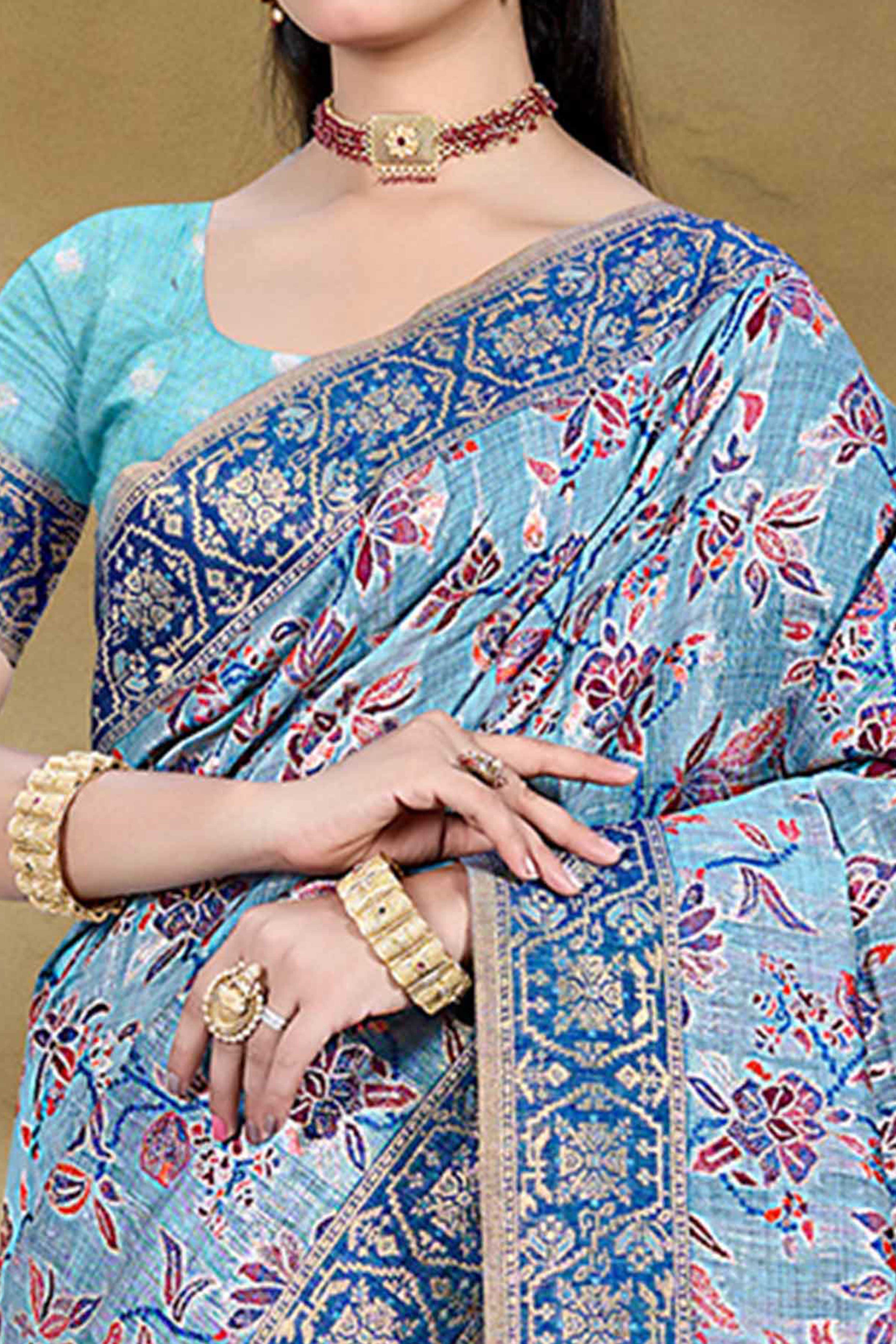 Alluring Blue Floral Zari Weaving Cotton Silk Saree With Graceful Tassel Pallu