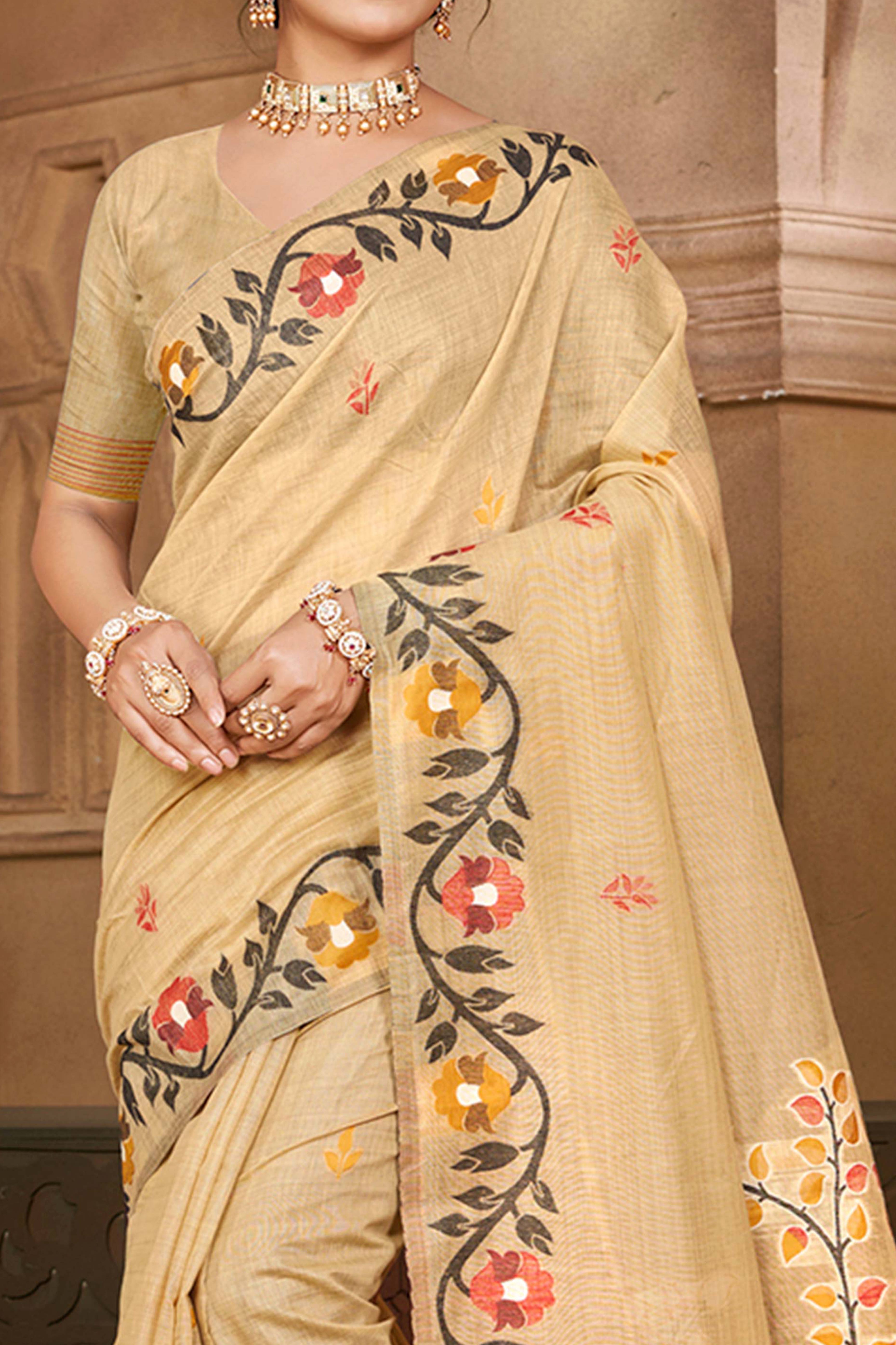 Charming Chikoo Floral Weaving Cotton Silk Saree Enhanced With Tree Motif Pallu With Tassel