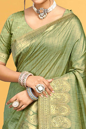 Classic Green Floral & Paisley Design Weaving Assam Silk Blend Saree With Tassel Pallu