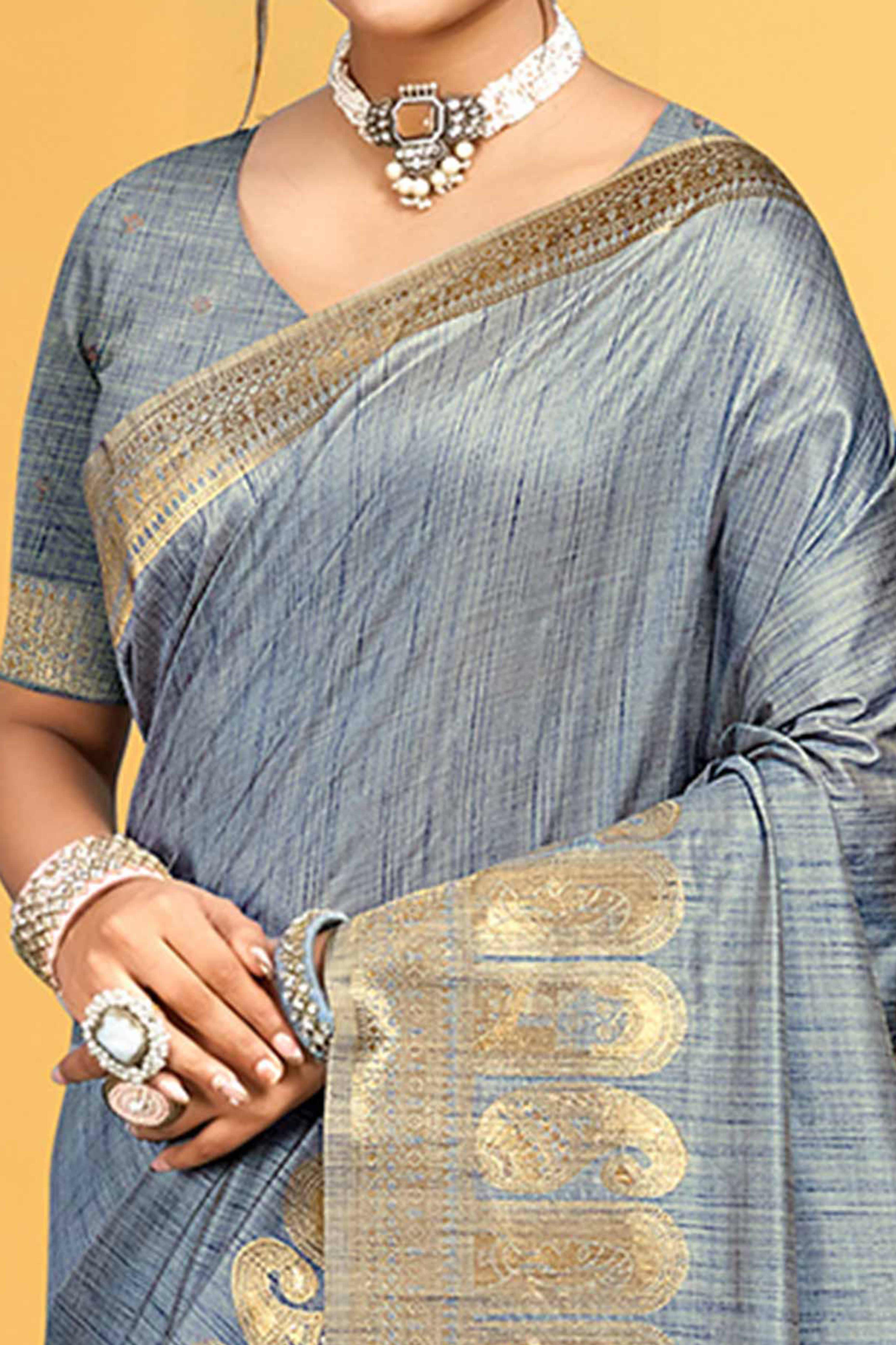Classic Grey Floral & Paisley Design Weaving Assam Silk Blend Saree With Tassel Pallu