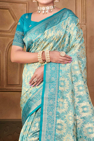 Stunning Blue Floral Weaving Silk Blend Saree Enhanced With A Stylish Tassel Pallu