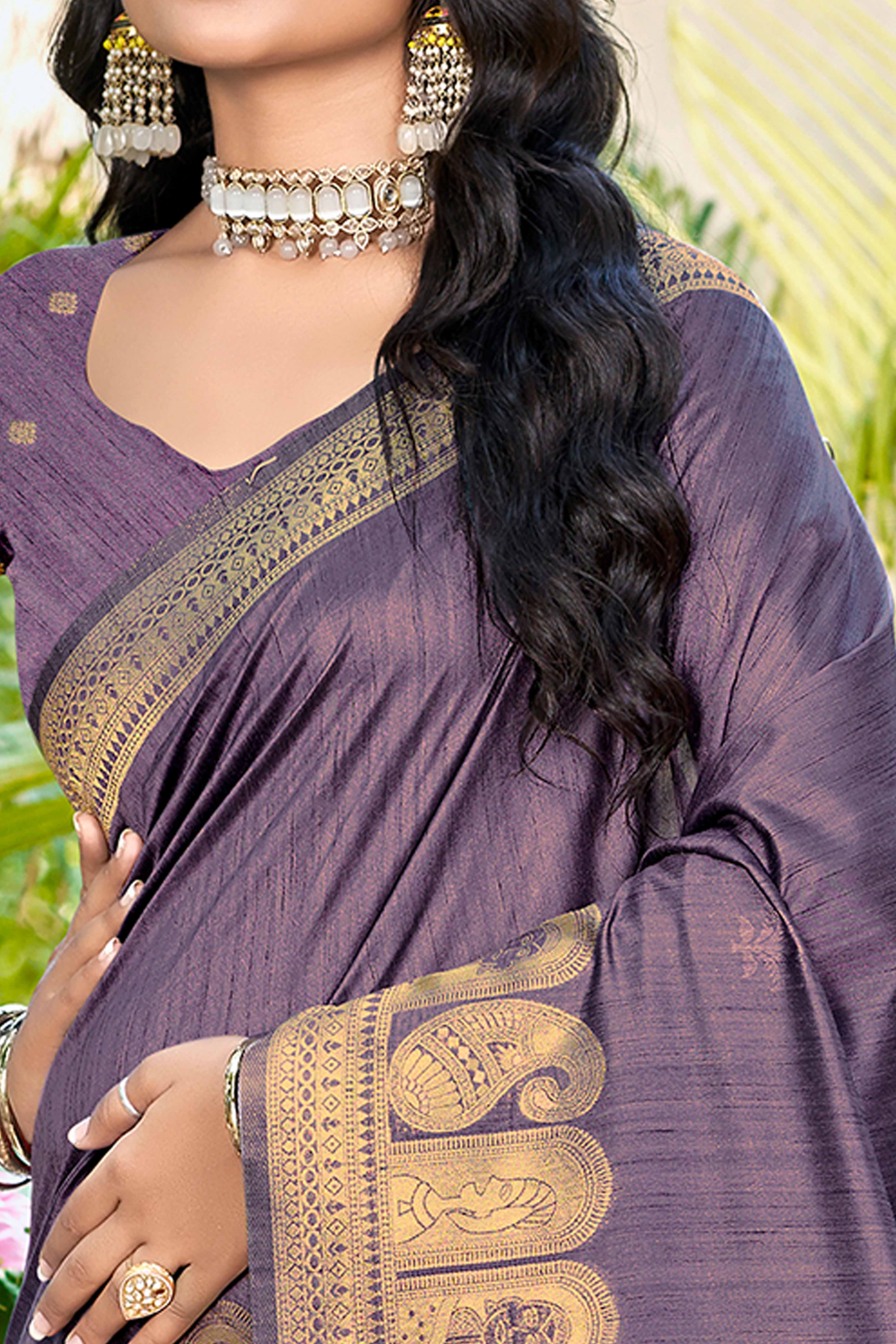 Purple Assam Silk Blend Saree With Intricate Zari Floral & Paisley Weaving & Tassel Pallu