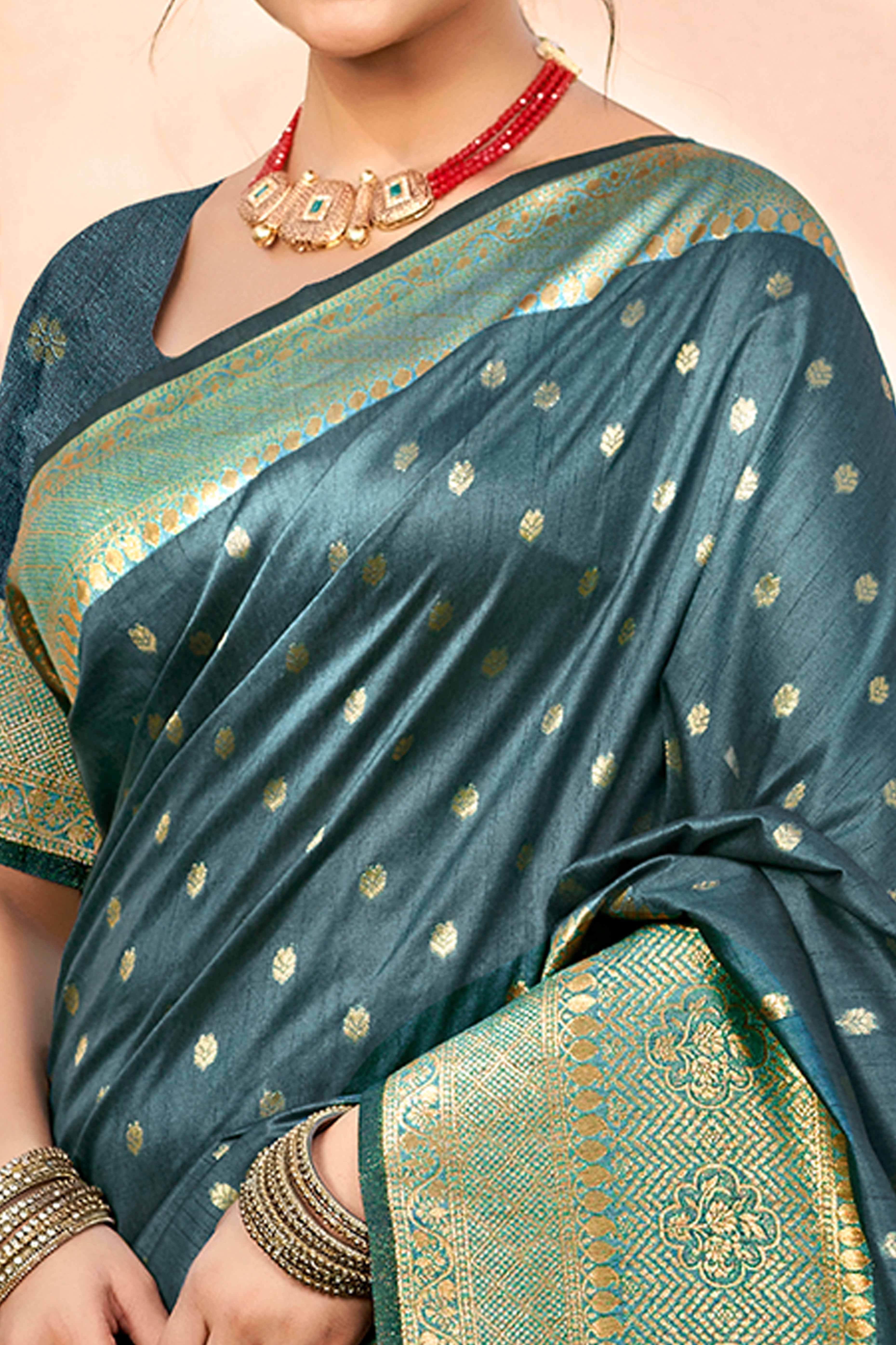Dark Turquoise Assam Silk Blend Saree Adorned With Timeless Floral Zari Weaving
