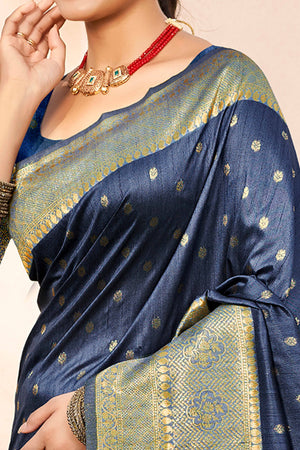 Navy Blue Assam Silk Blend Saree Adorned With Timeless Floral Zari Weaving