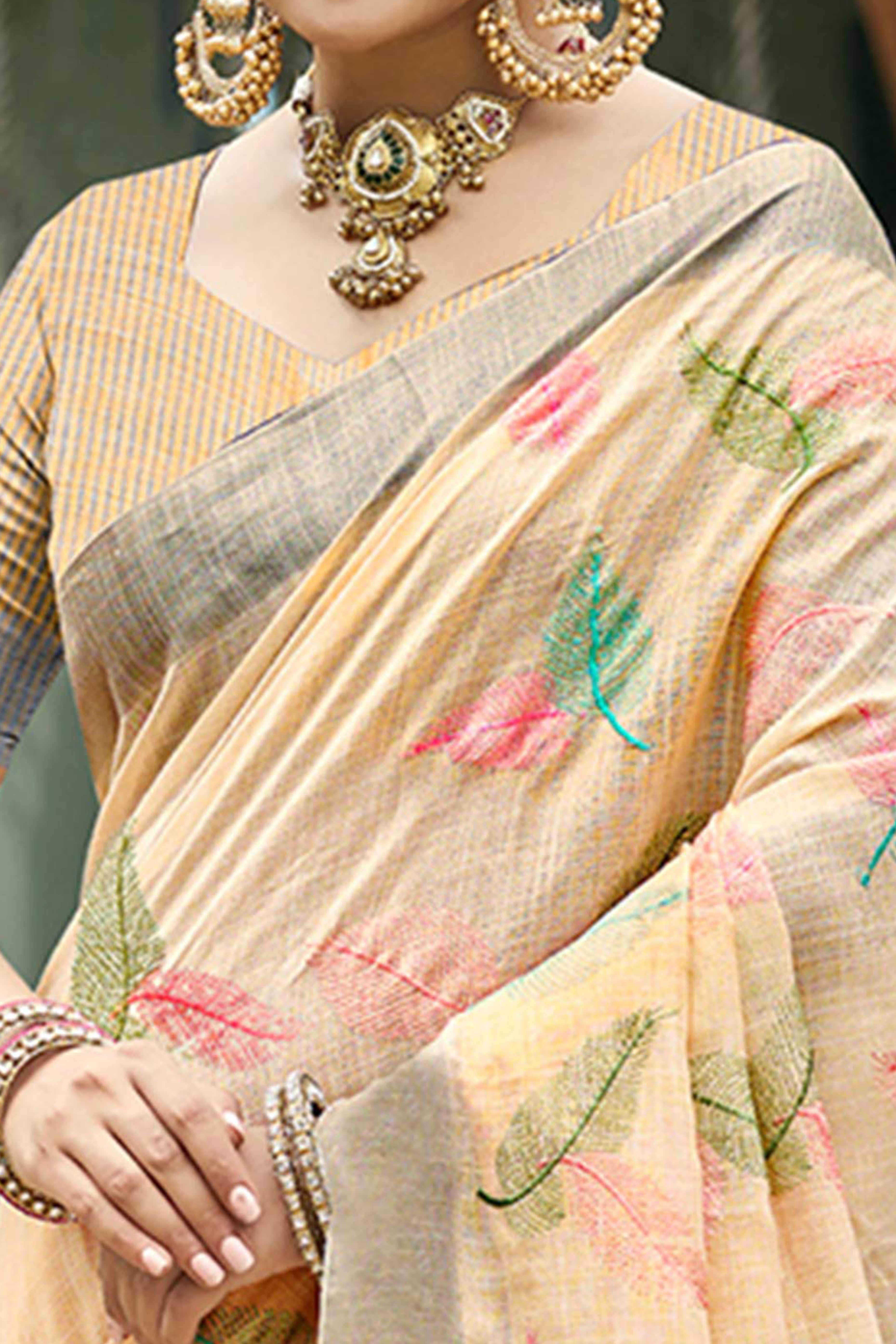 Exquisite Light Peach Leaf Motif Thread Embroidered Linen Saree With Elegant Weaving Border