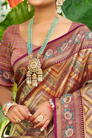 Purple Silk Blend Dharmavaram Saree Featuring Floral & Zig Zag Woven Patterns With Tassel Finish