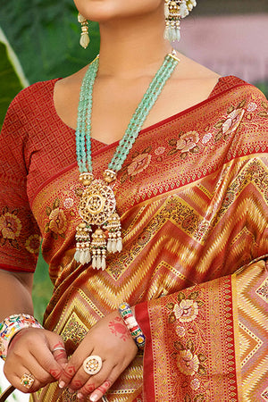 Maroon Silk Blend Dharmavaram Saree Featuring Floral & Zig Zag Woven Patterns With Tassel Finish