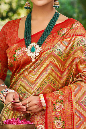 Red Silk Blend Dharmavaram Saree Featuring Floral & Zig Zag Woven Patterns With Tassel Finish