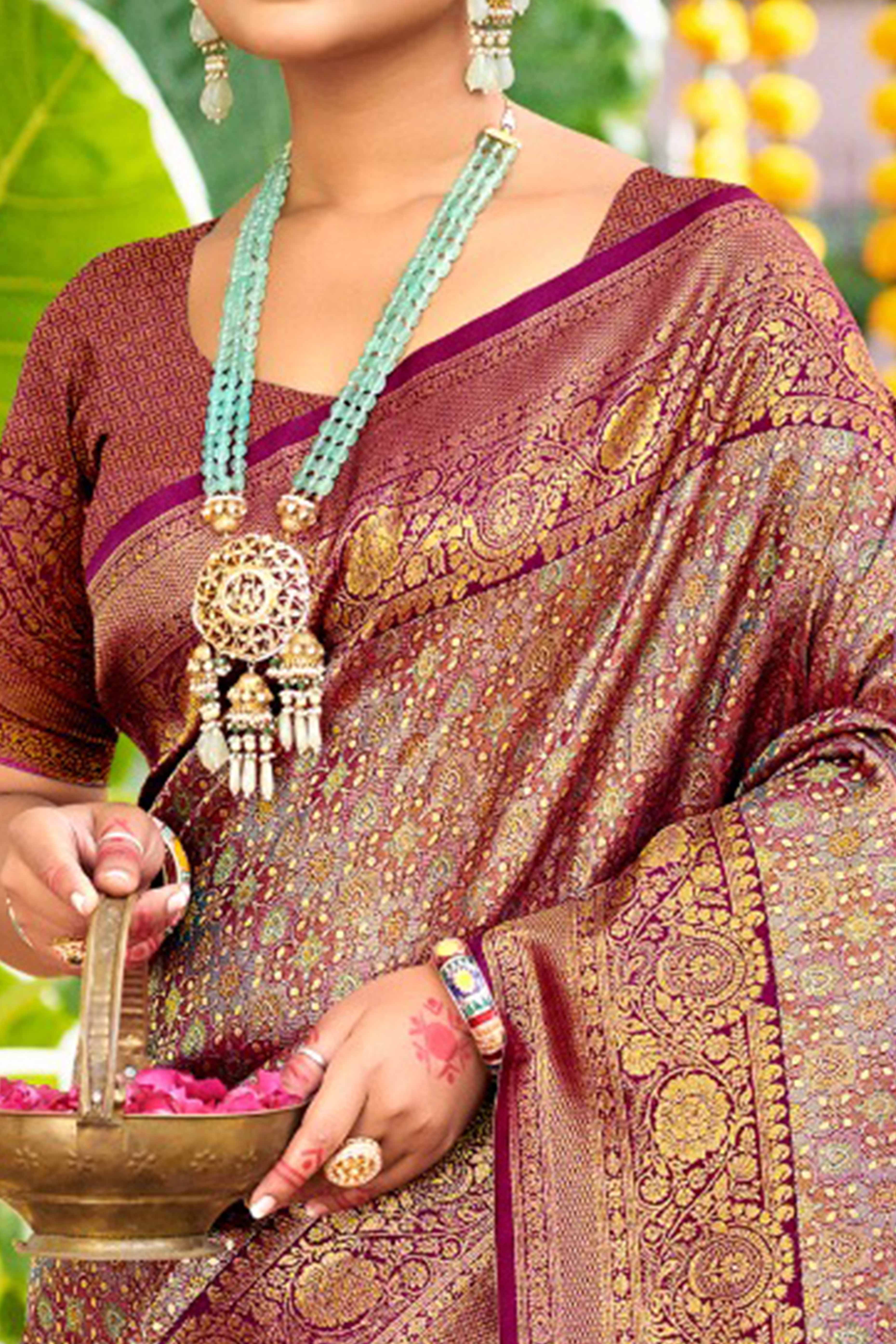 Wine Traditional Silk Blend Dharmavaram Saree With Floral Weaves & Tassels Pallu