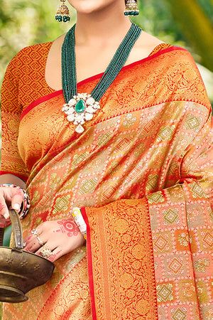 Orange Silk Blend Dharmavaram Saree Featuring Ornate Floral Weaves & Tassels Pallu