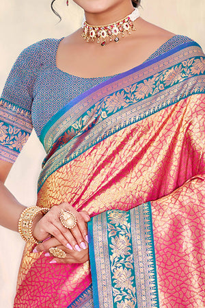 Pink Kanjivaram Silk Paithani Saree With Elegant Floral Weaving & Tassel Pallu