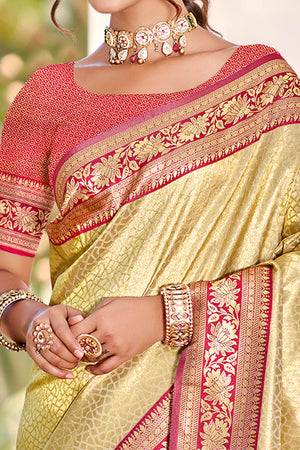 Golden Kanjivaram Silk Paithani Saree With Elegant Floral Weaving & Tassel Pallu