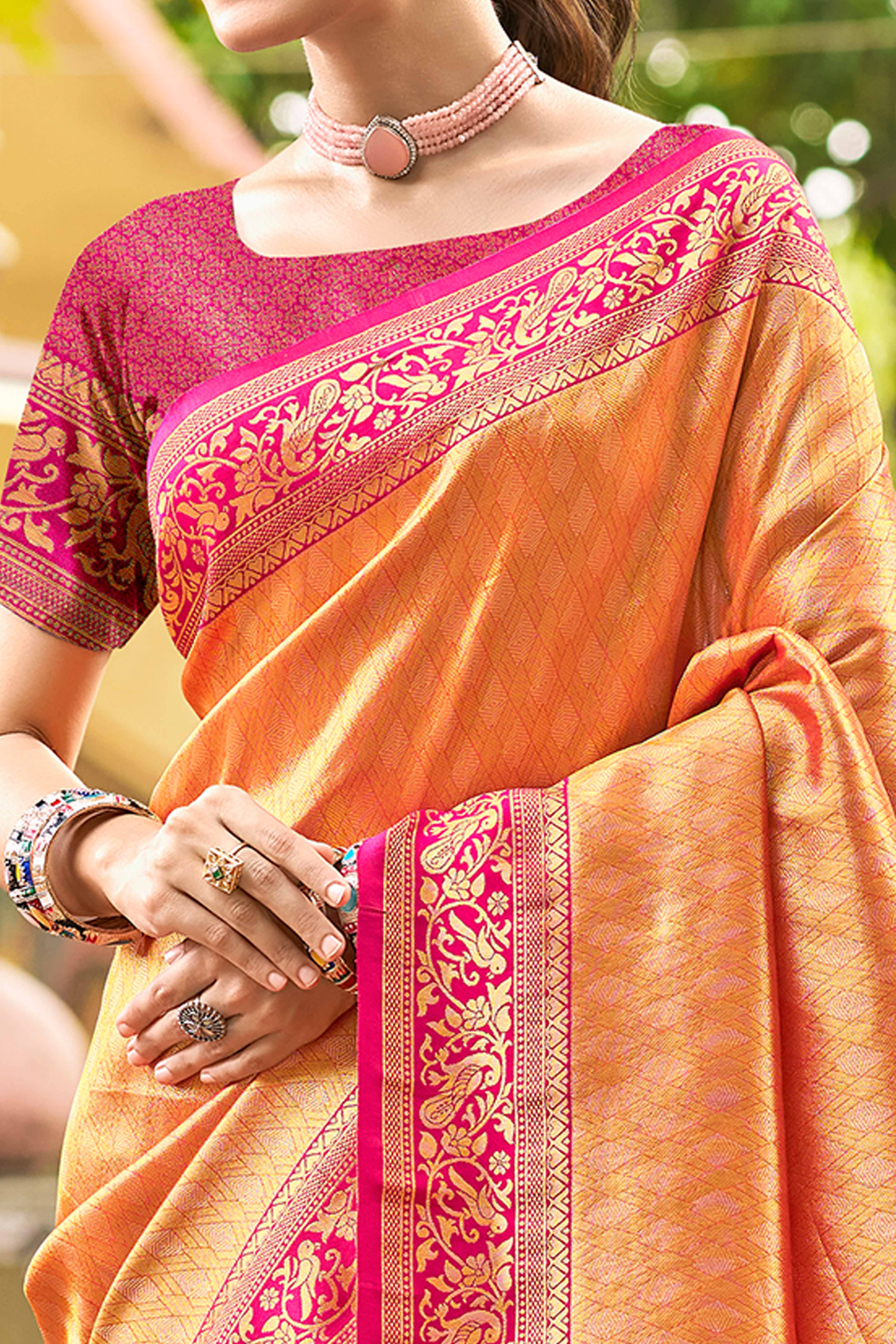 Orange Floral Woven Paithani Saree In Kanjivaram Silk With Graceful Tassel Pallu