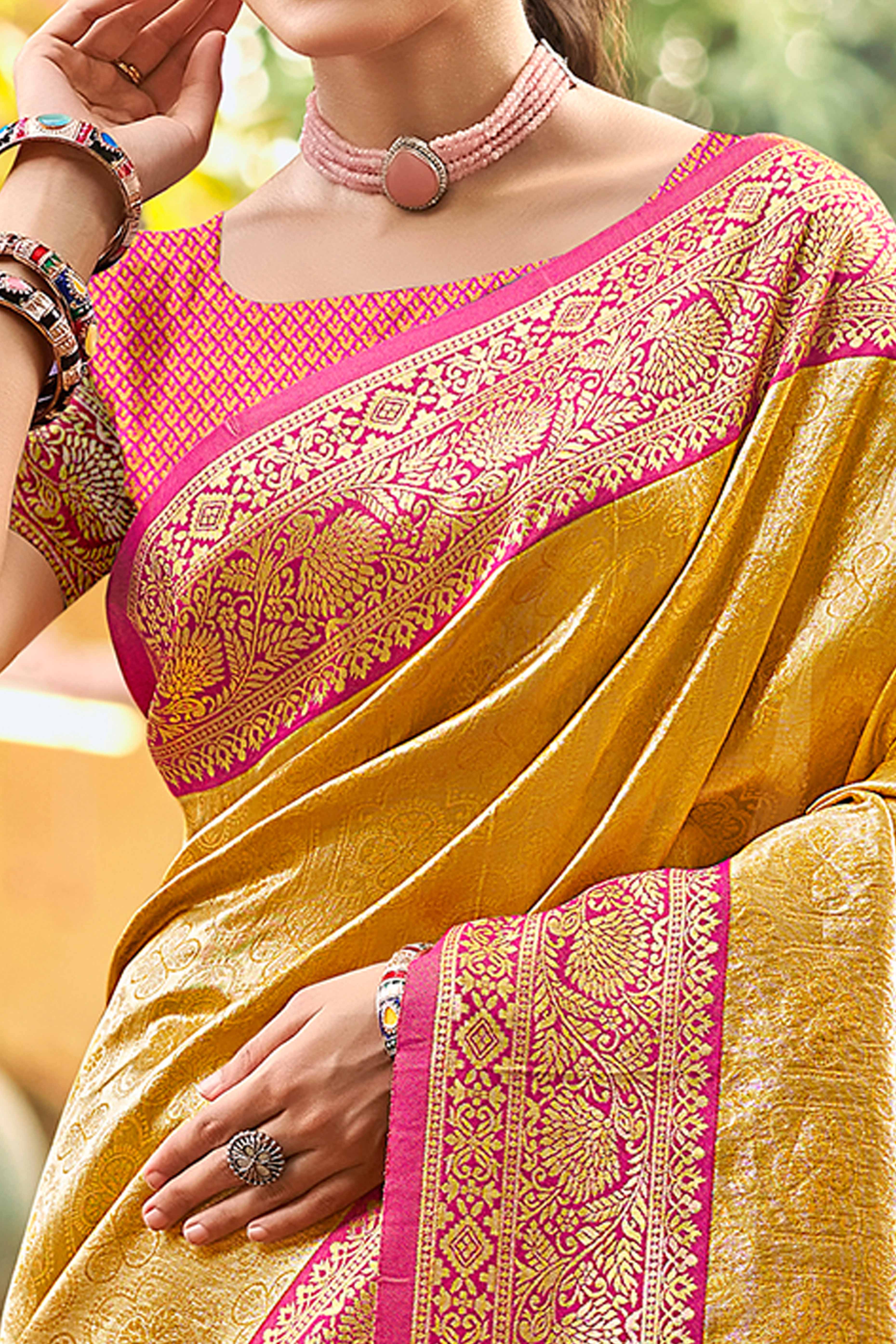 Mustard Paithani Saree In Kanjivaram Silk Featuring Floral Woven Motifs & Tassel Pallu