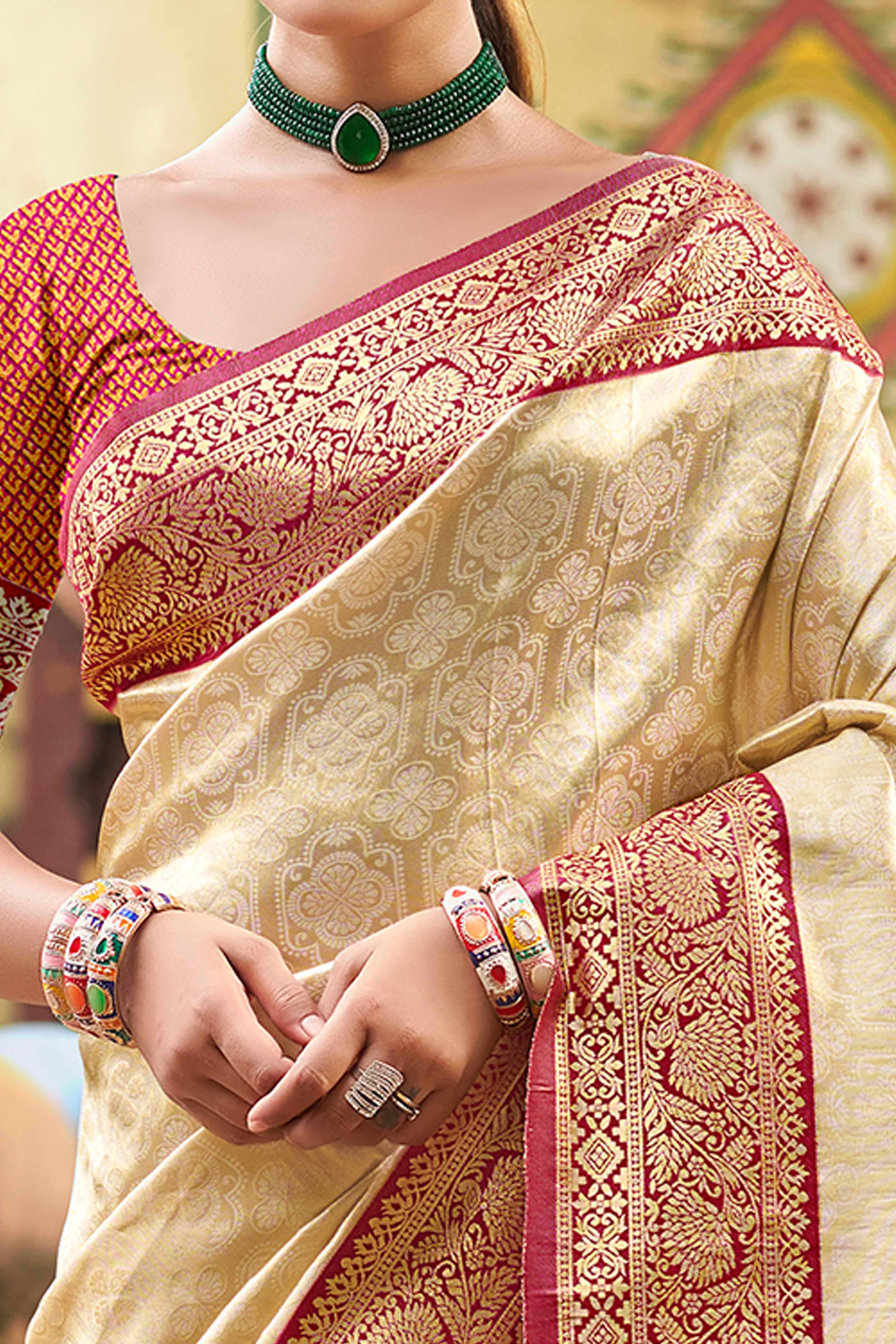 Chikoo Paithani Saree In Kanjivaram Silk Featuring Floral Woven Motifs & Tassel Pallu