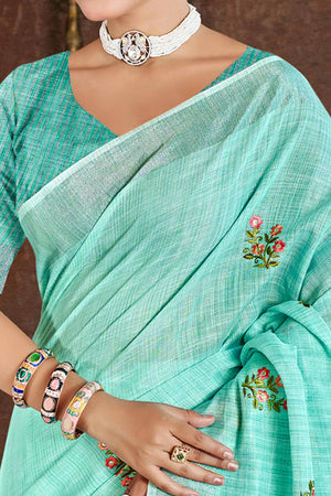 Turquoise Embroidered Linen Saree with Floral Motifs in Woven Fabric