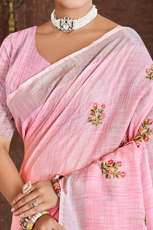 Pink Embroidered Linen Saree with Floral Motifs in Woven Fabric