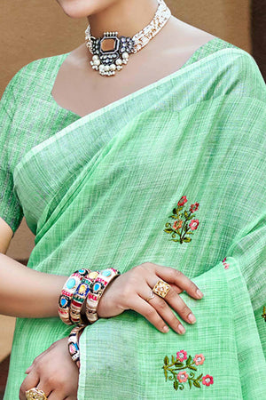 Pista Green Embroidered Linen Saree with Floral Motifs in Woven Fabric
