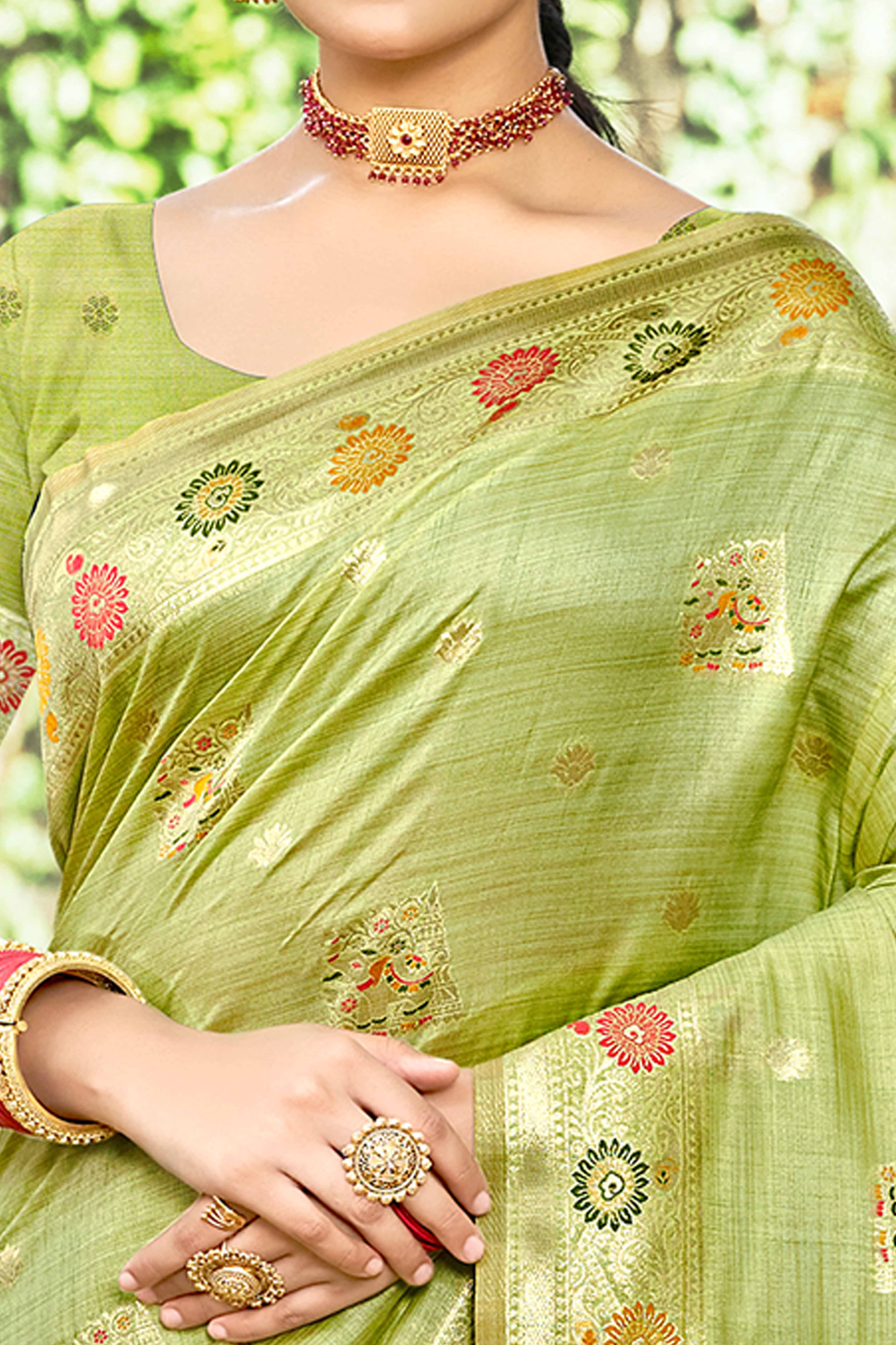 Green Assam Silk Blend Saree Featuring Intricate Floral Zari Weaving With Tassel Pallu