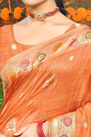 Orange Assam Silk Blend Saree Featuring Intricate Floral Zari Weaving With Tassel Pallu