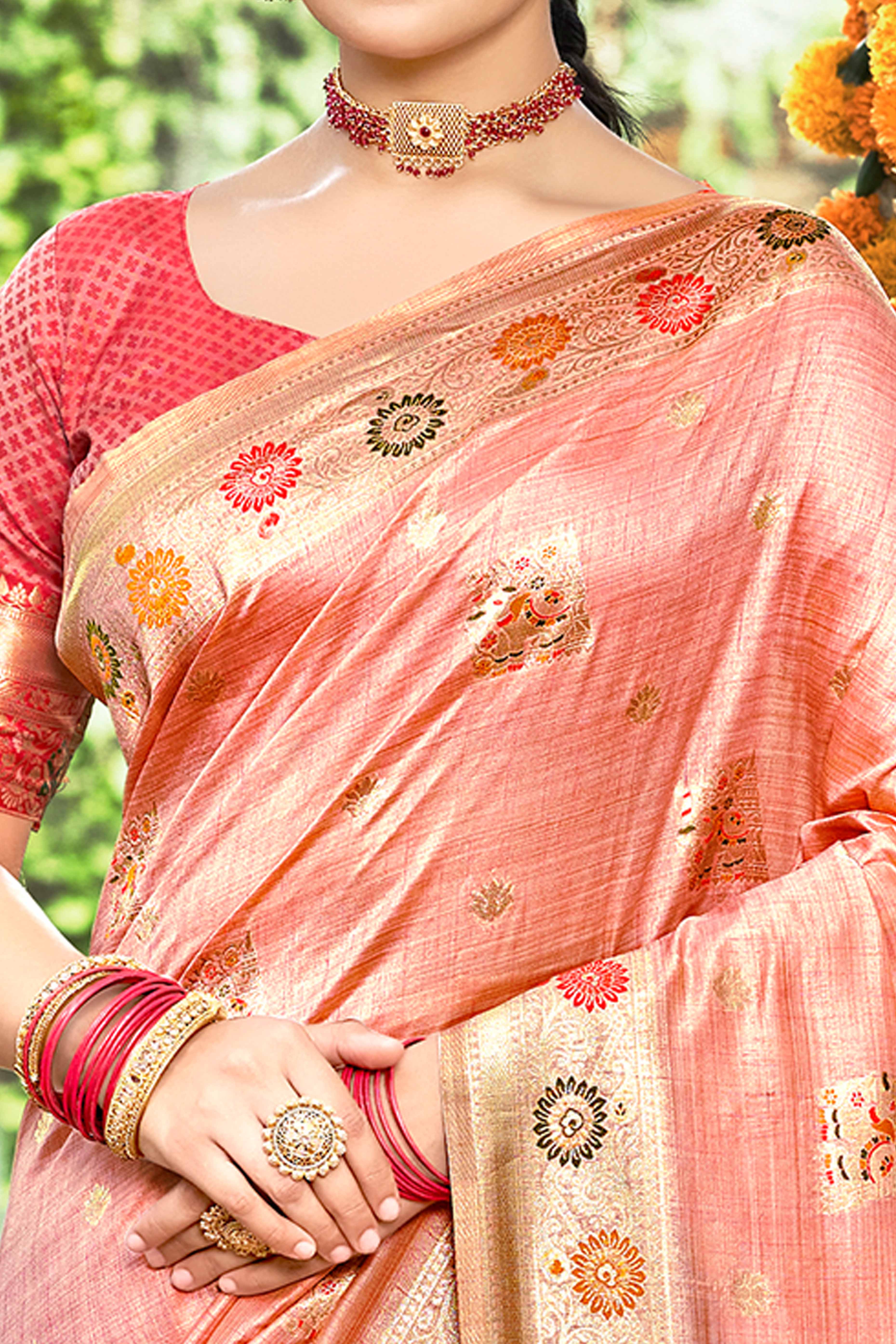 Pink Assam Silk Blend Saree Featuring Intricate Floral Zari Weaving With Tassel Pallu