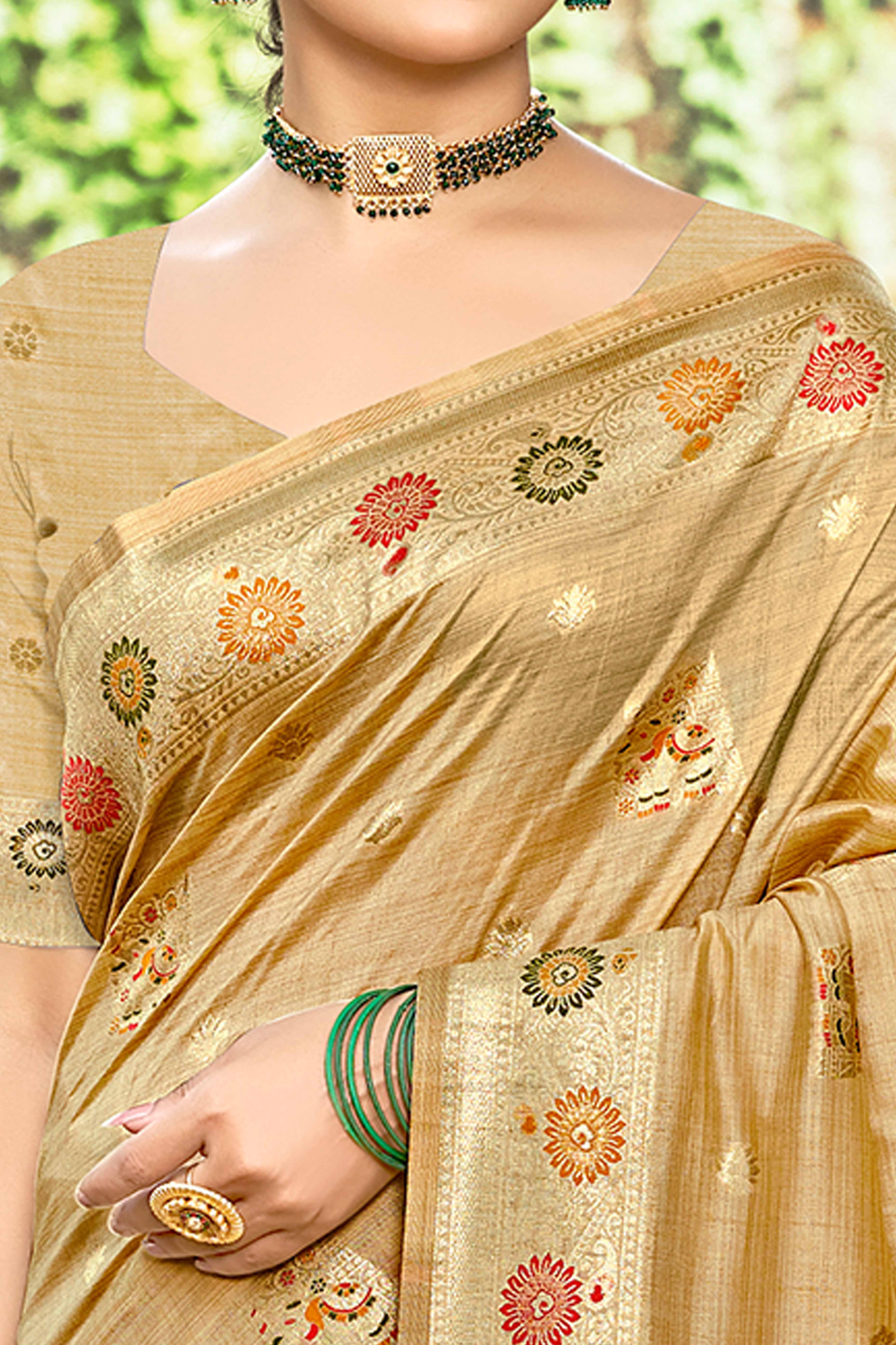 Chikoo Assam Silk Blend Saree Featuring Intricate Floral Zari Weaving With Tassel Pallu