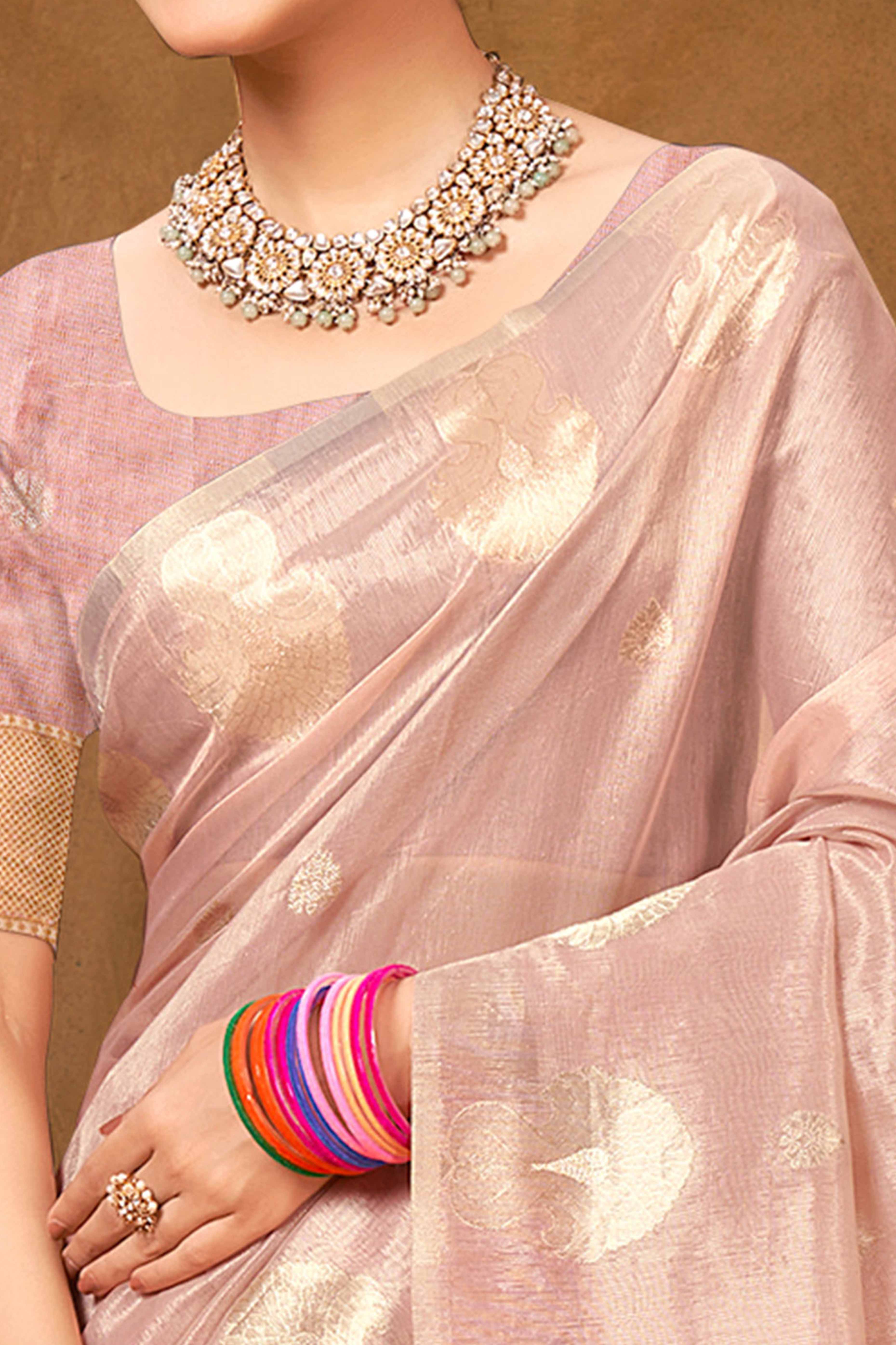 Light Pink Saree in Munga Kota Doria with Traditional Zari Weaving