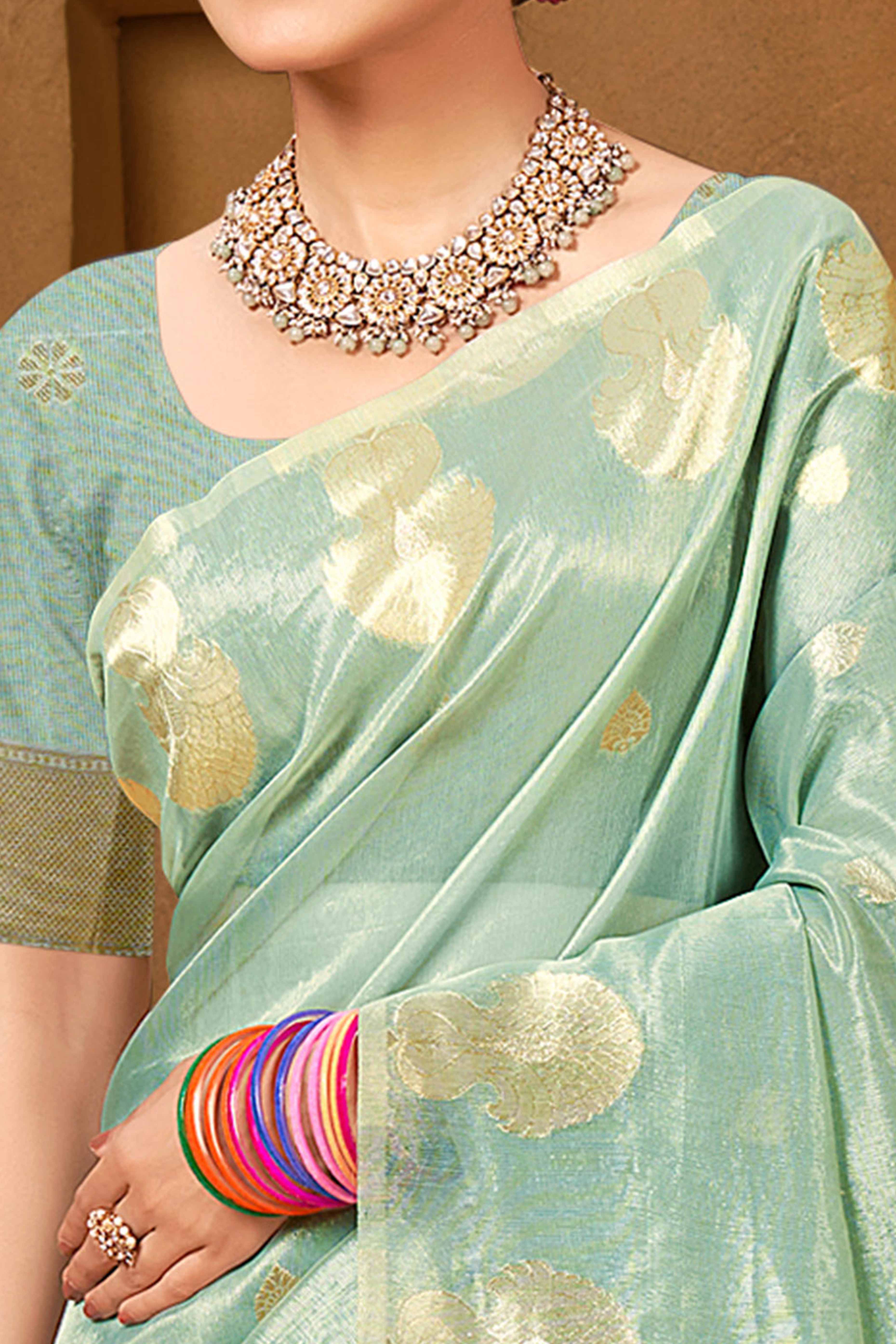 Sea Green Saree in Munga Kota Doria with Traditional Zari Weaving