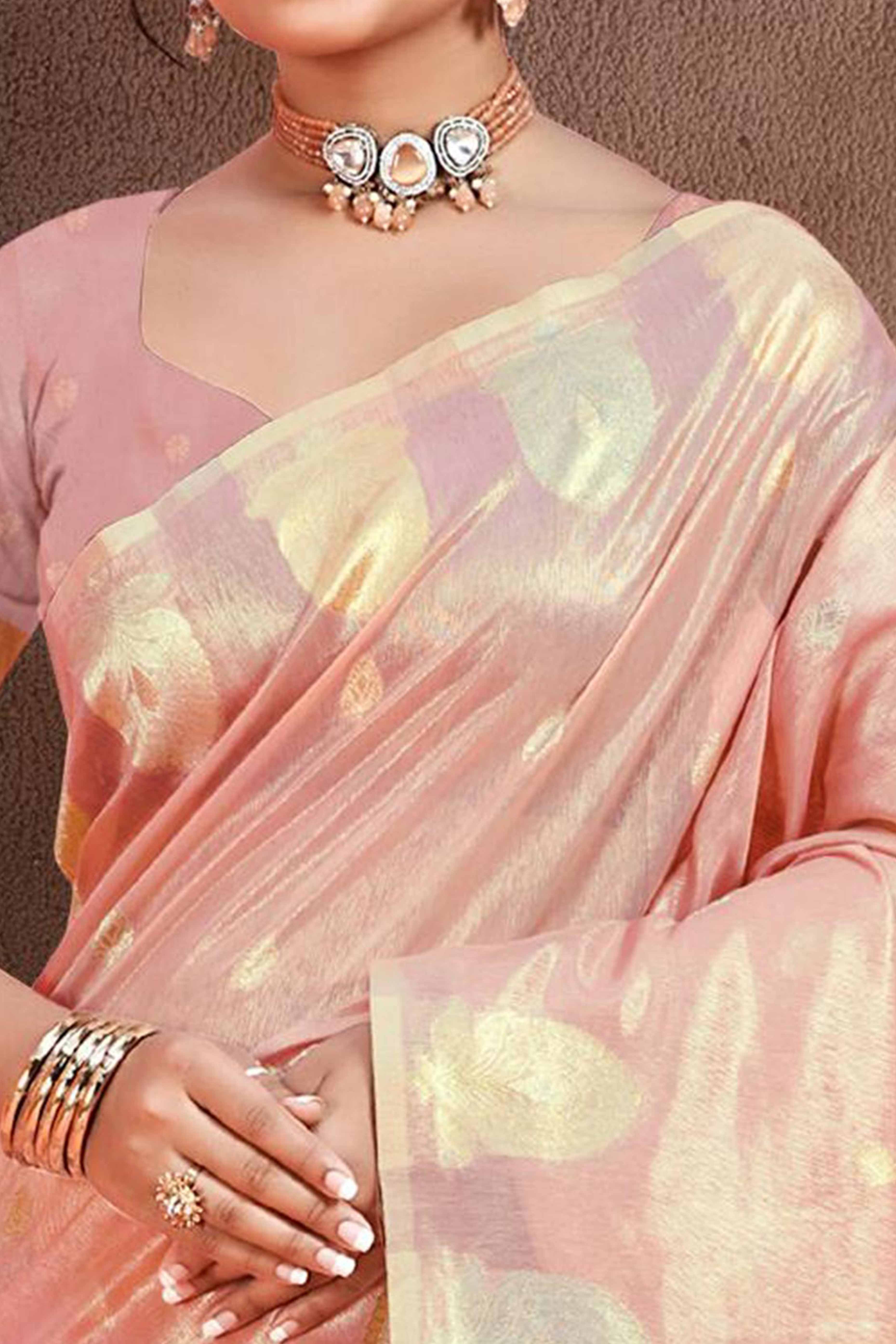 Peach Saree with Traditional Zari Detailing in Munga Kota Doria