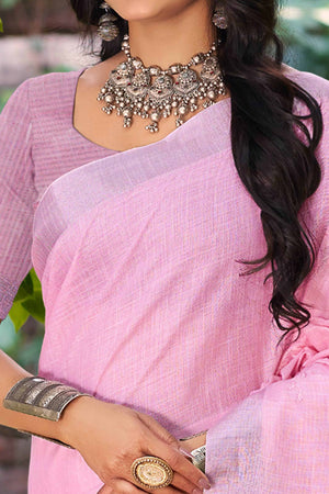 Elegant Dark Pink Linen Saree Featuring Intricate Woven & Embroidered Patterns