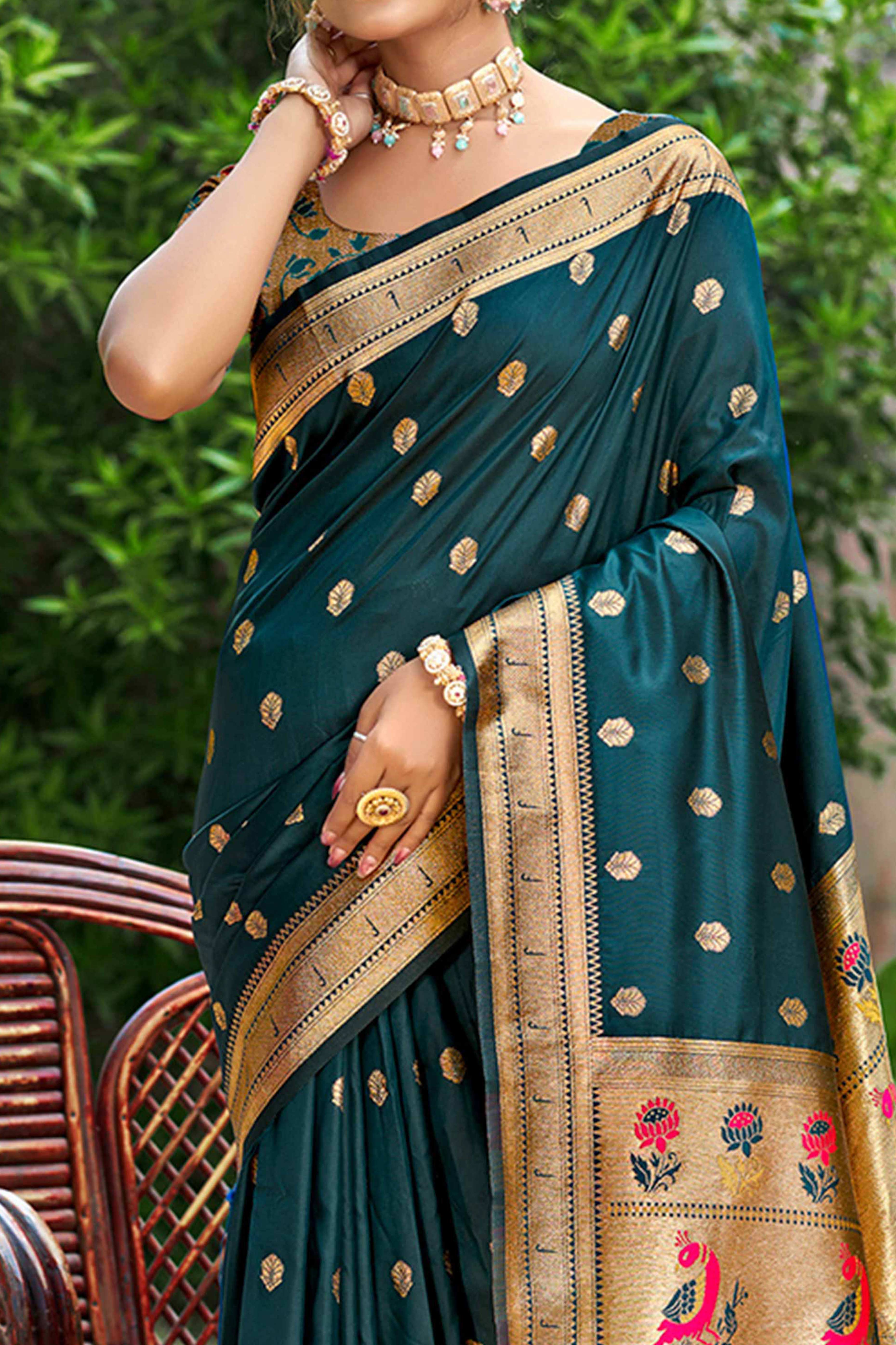 Dark Morpich Blue Zari Weaving Silk Blend Saree Adorned With Peacock Motif Pallu & Graceful Tassel