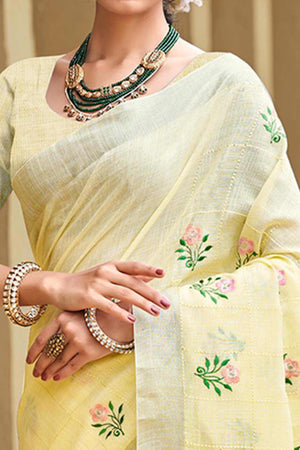 Captivating Yellow Floral Thread Embroidered Linen Saree With Elegant Weaving Border