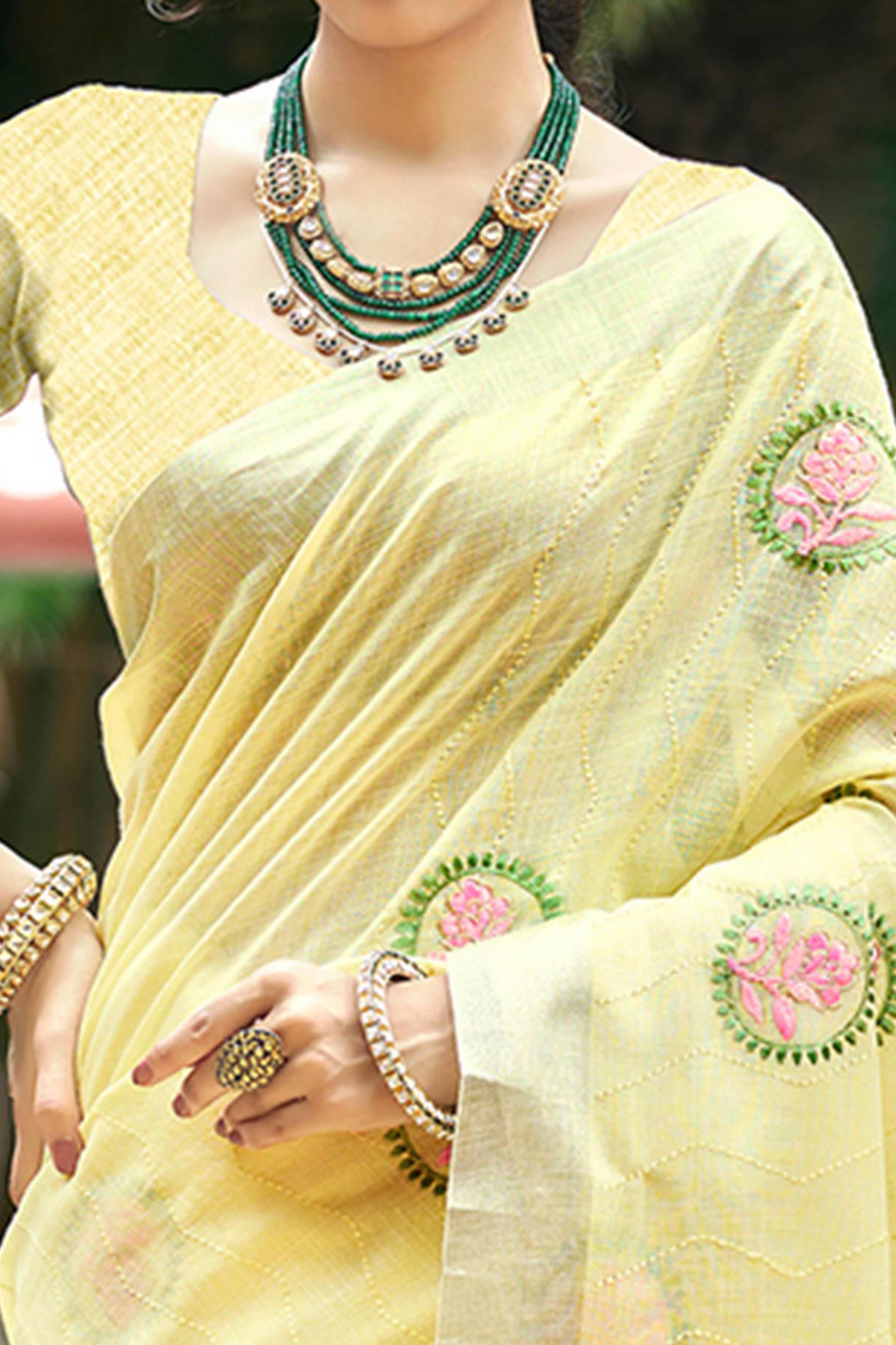 Premium Yellow Floral Embroidered Linen Saree With Striped Pattern Tassel Pallu