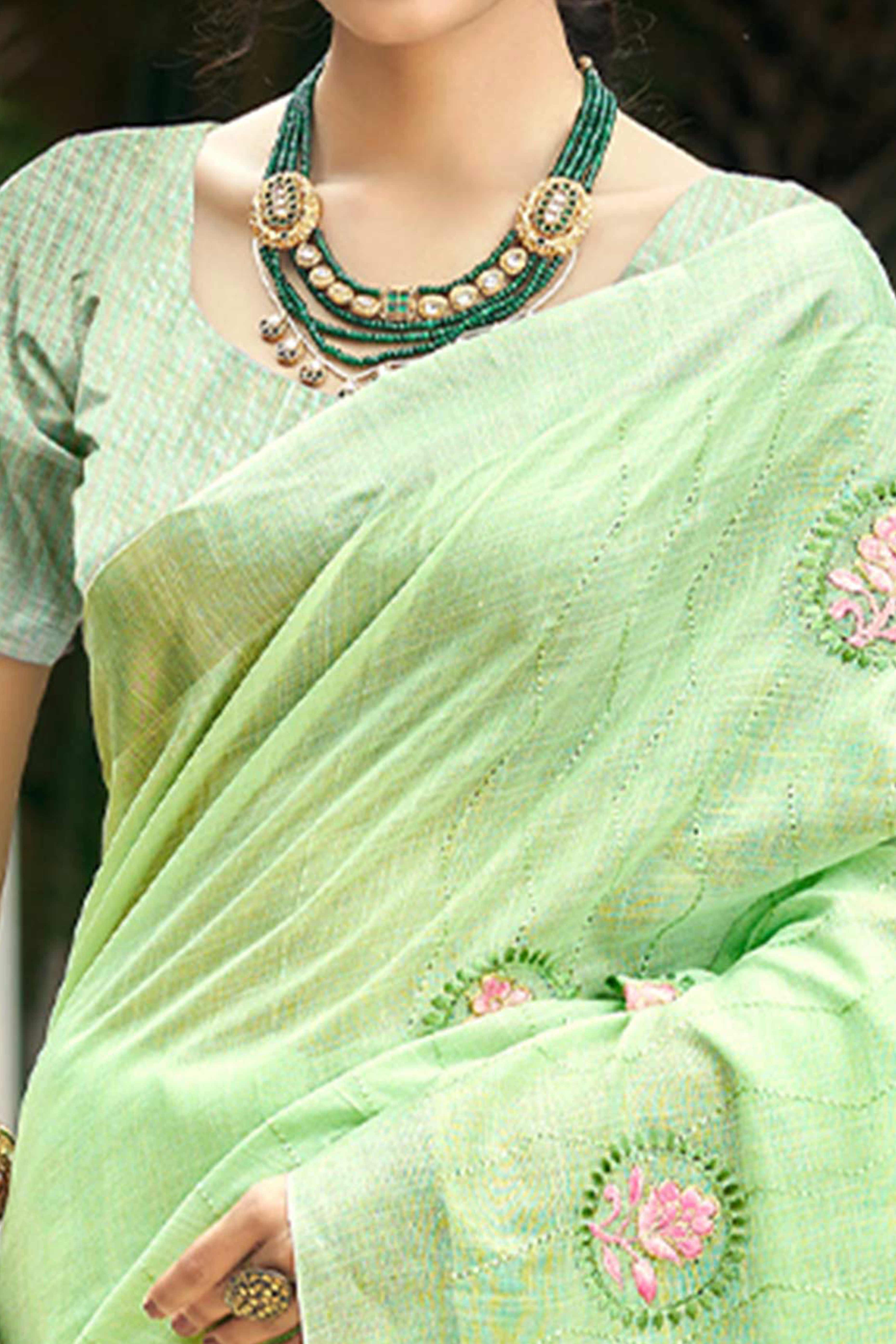 Premium Green Floral Embroidered Linen Saree With Striped Pattern Tassel Pallu