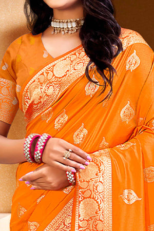 Luxury Orange Floral Weaving Silk Blend Saree Finished With A Digital Peacock Printed Pallu