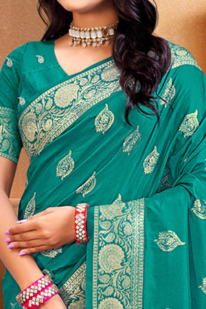Luxury Rama Green Floral Weaving Silk Blend Saree Finished With A Digital Peacock Printed Pallu