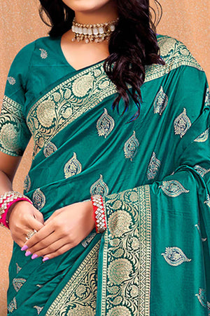 Luxury Teal Floral Weaving Silk Blend Saree Finished With A Digital Peacock Printed Pallu