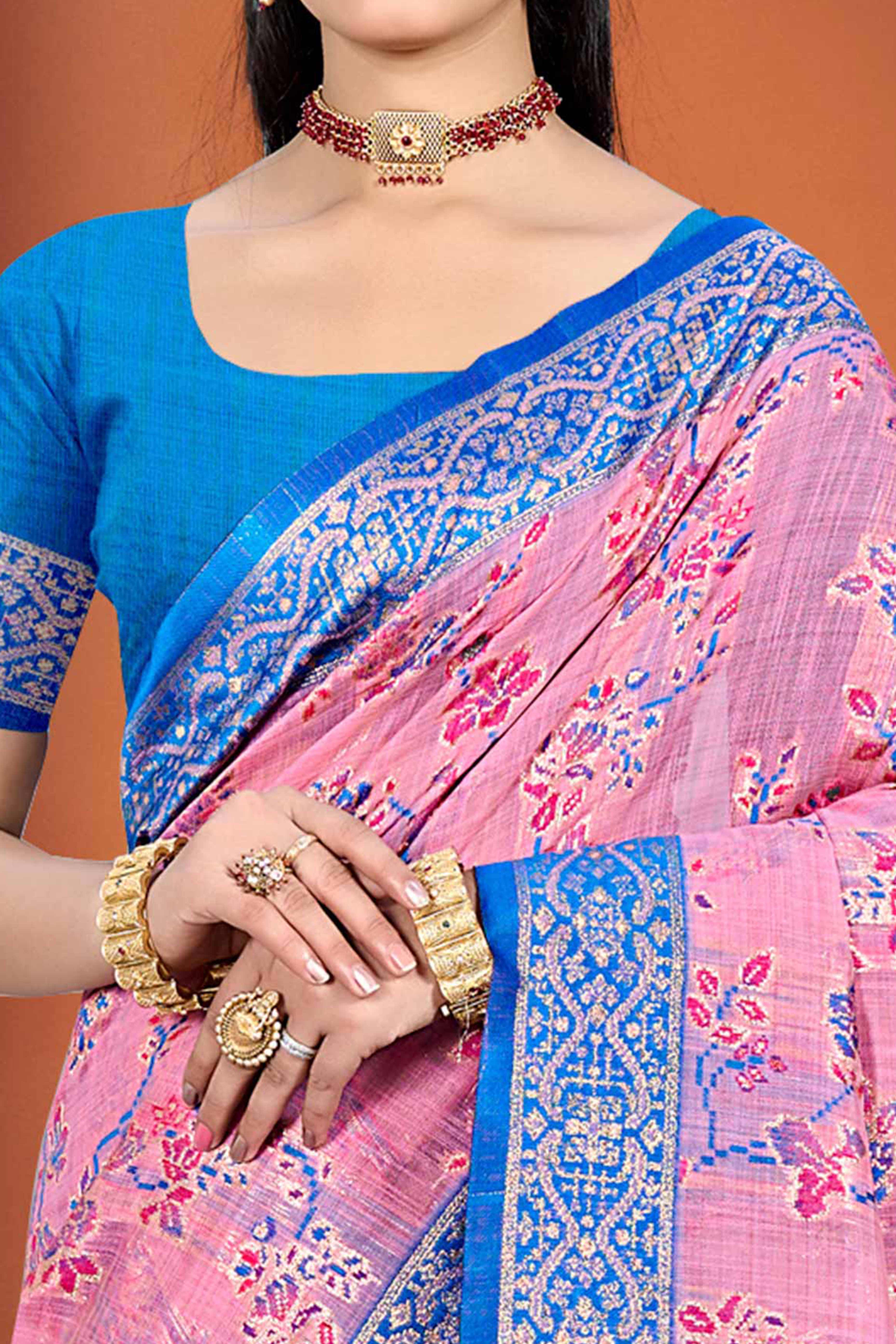 Stunning Pink Floral Zari Weaving Cotton Silk Meena Saree With Tassel Pallu