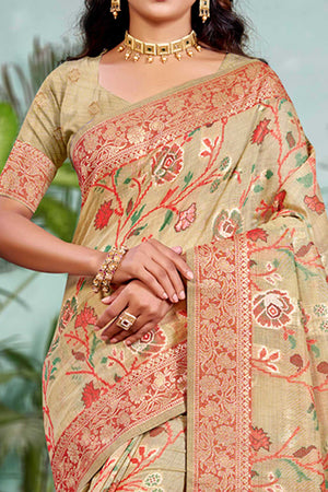 Captivating Beige Floral Zari Weaving Cotton Silk Saree Accented With Tassel Pallu