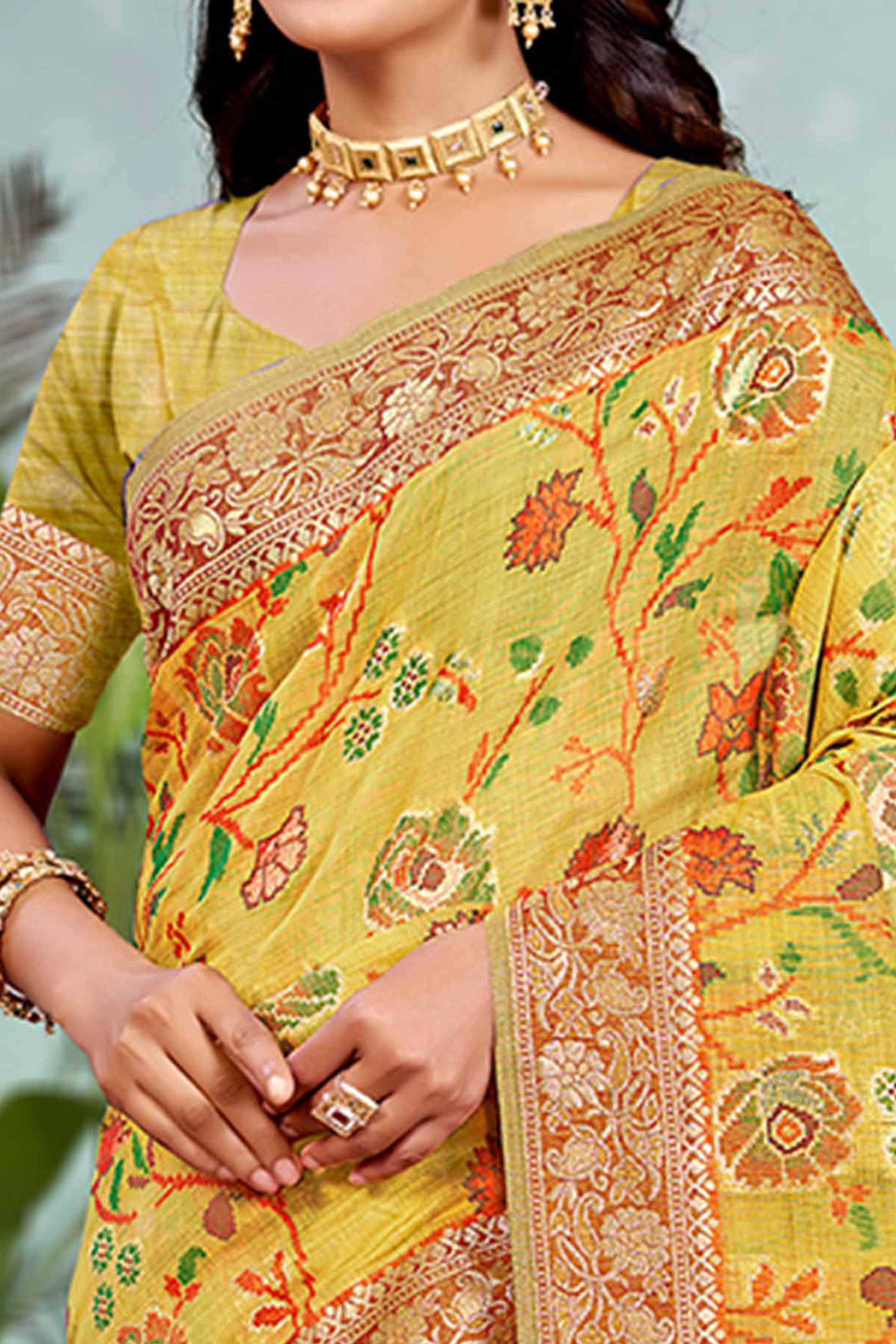 Captivating Mustard Floral Zari Weaving Cotton Silk Saree Accented With Tassel Pallu