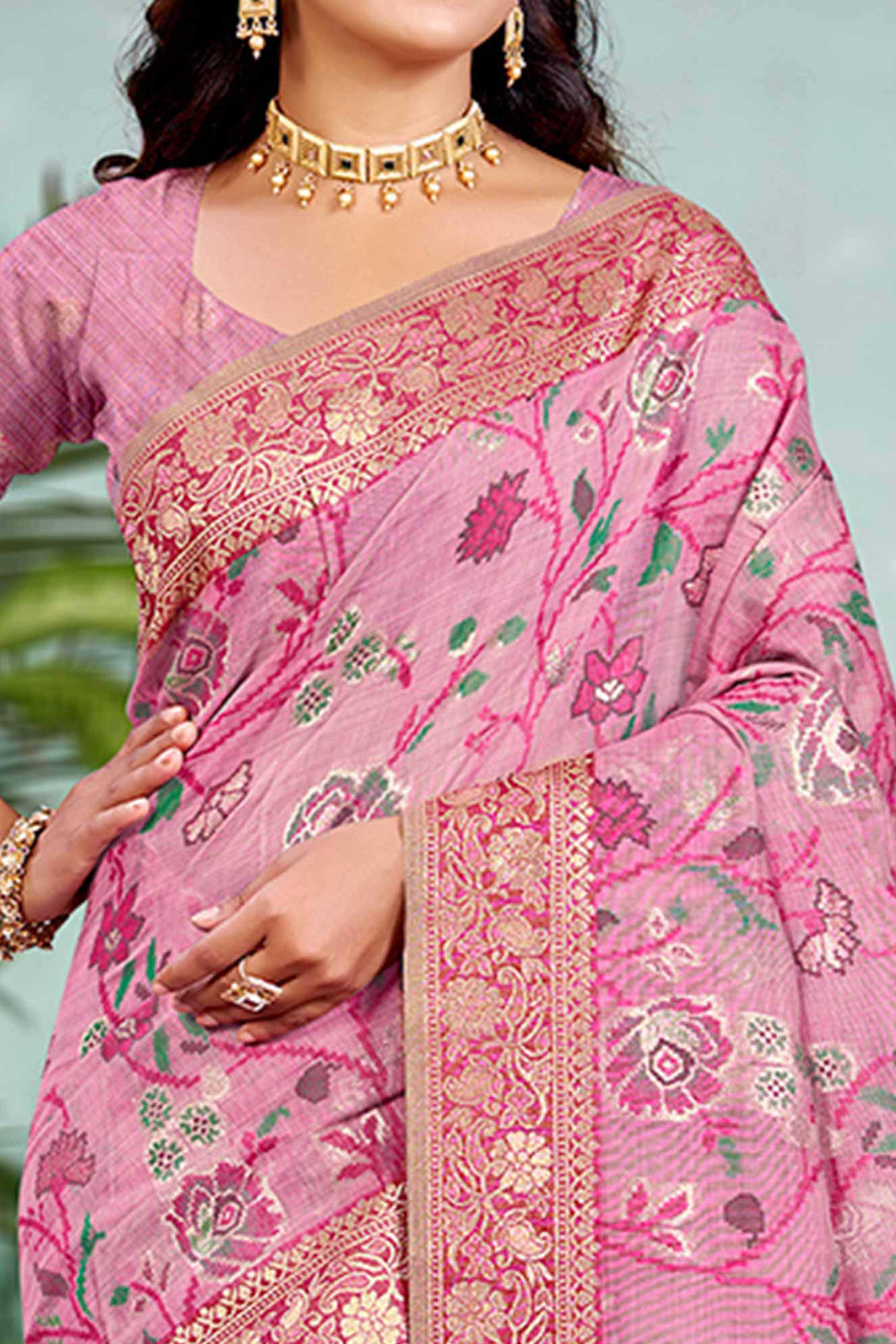 Captivating Pink Floral Zari Weaving Cotton Silk Saree Accented With Tassel Pallu