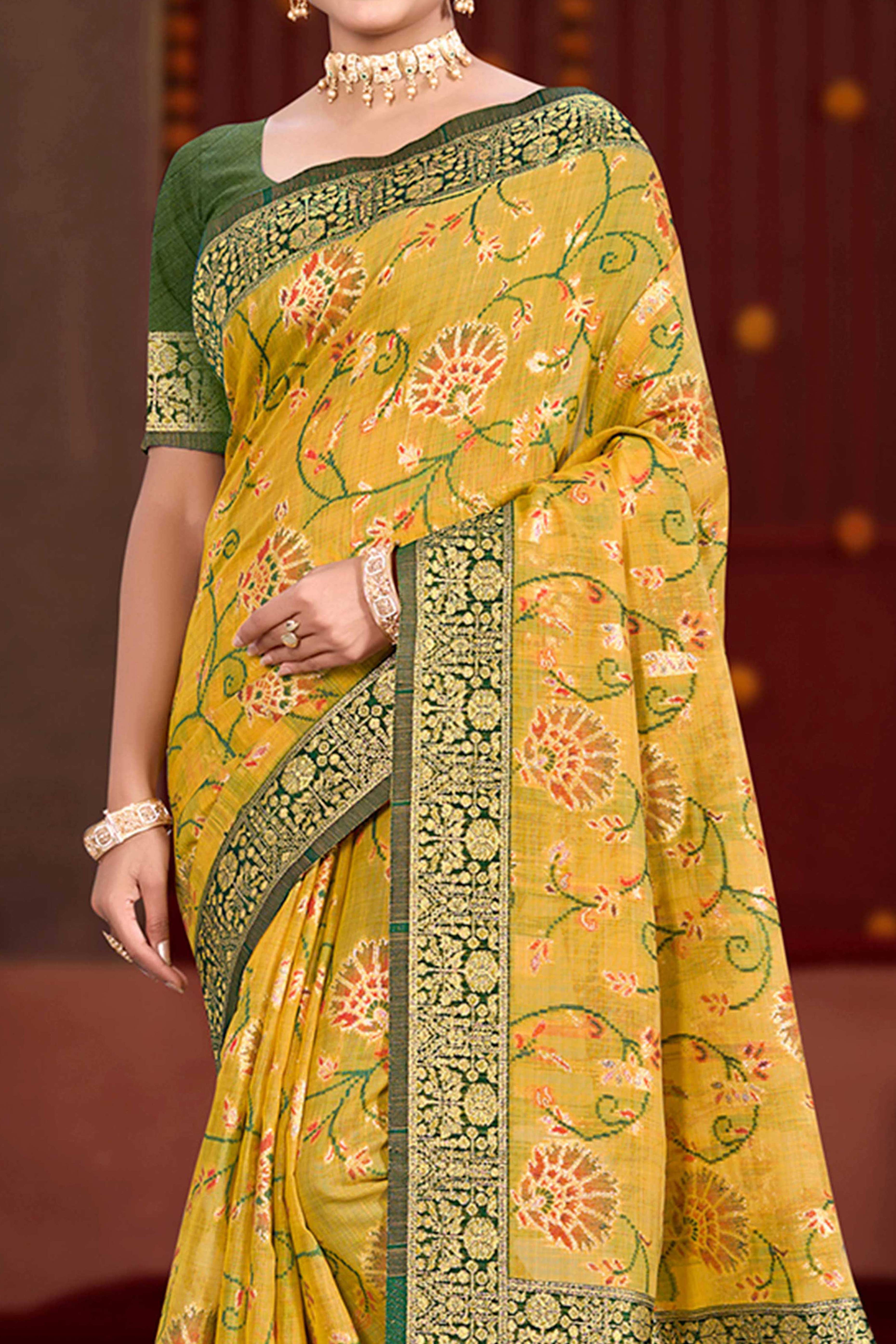 Elegant Mustard Cotton Silk Saree Adorned With Floral Weaving & Graceful Tassel Pallu