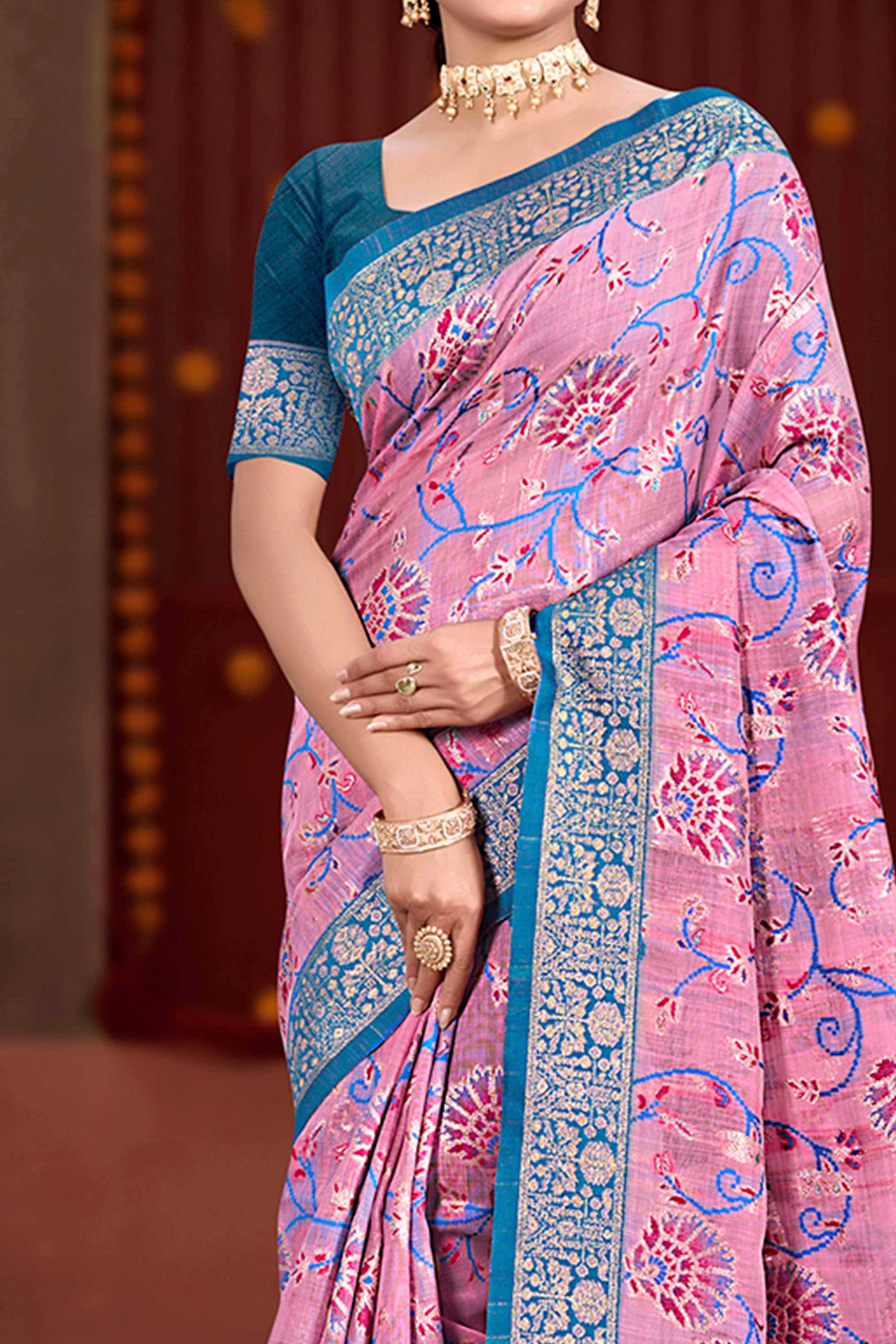 Elegant Pink Cotton Silk Saree Adorned With Floral Weaving & Graceful Tassel Pallu