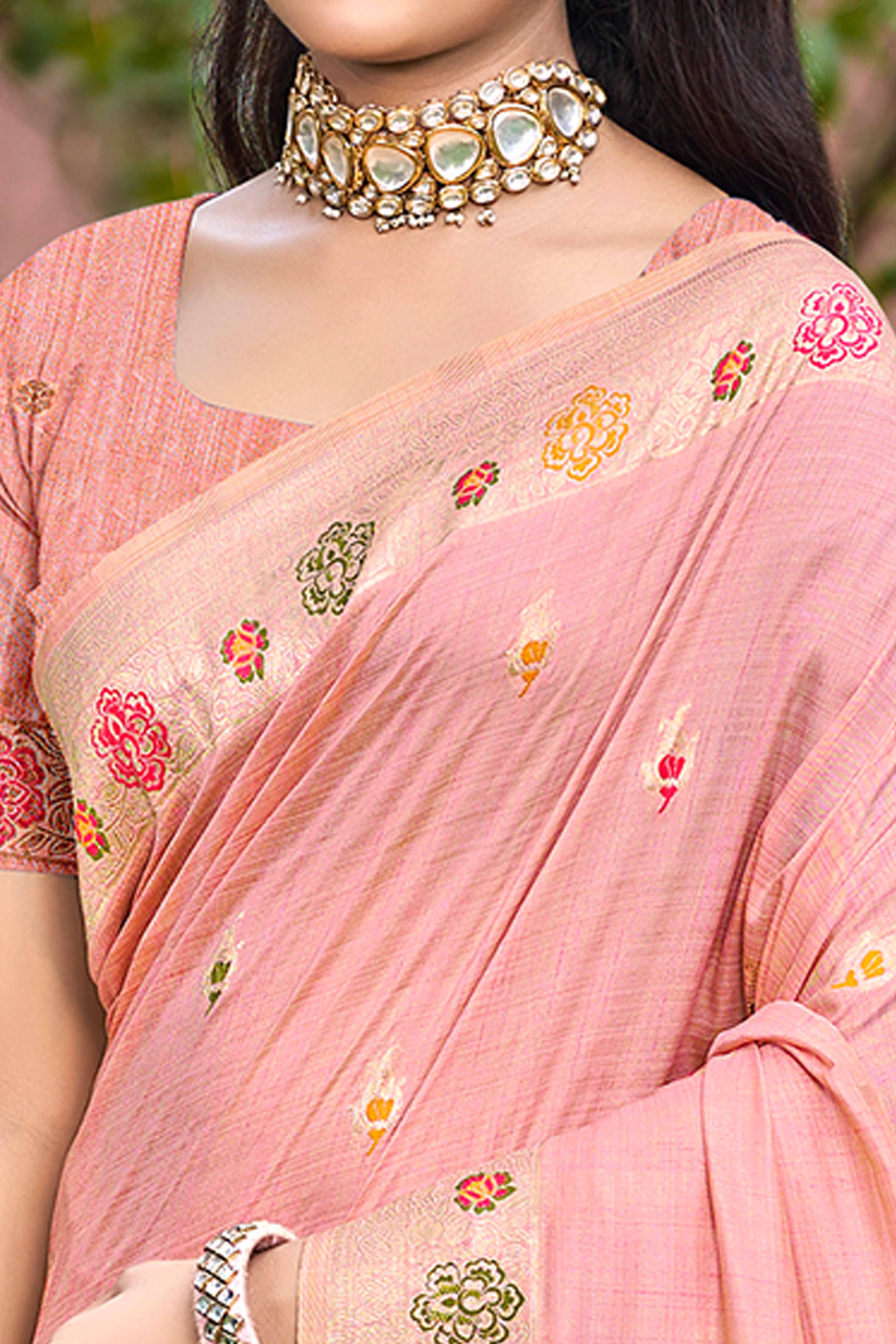 Pink Assam Silk Blend Saree Featuring Intricate Floral Zari Weave & Tassel Pallu