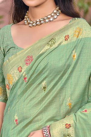 Sea Green Assam Silk Blend Saree Featuring Intricate Floral Zari Weave & Tassel Pallu