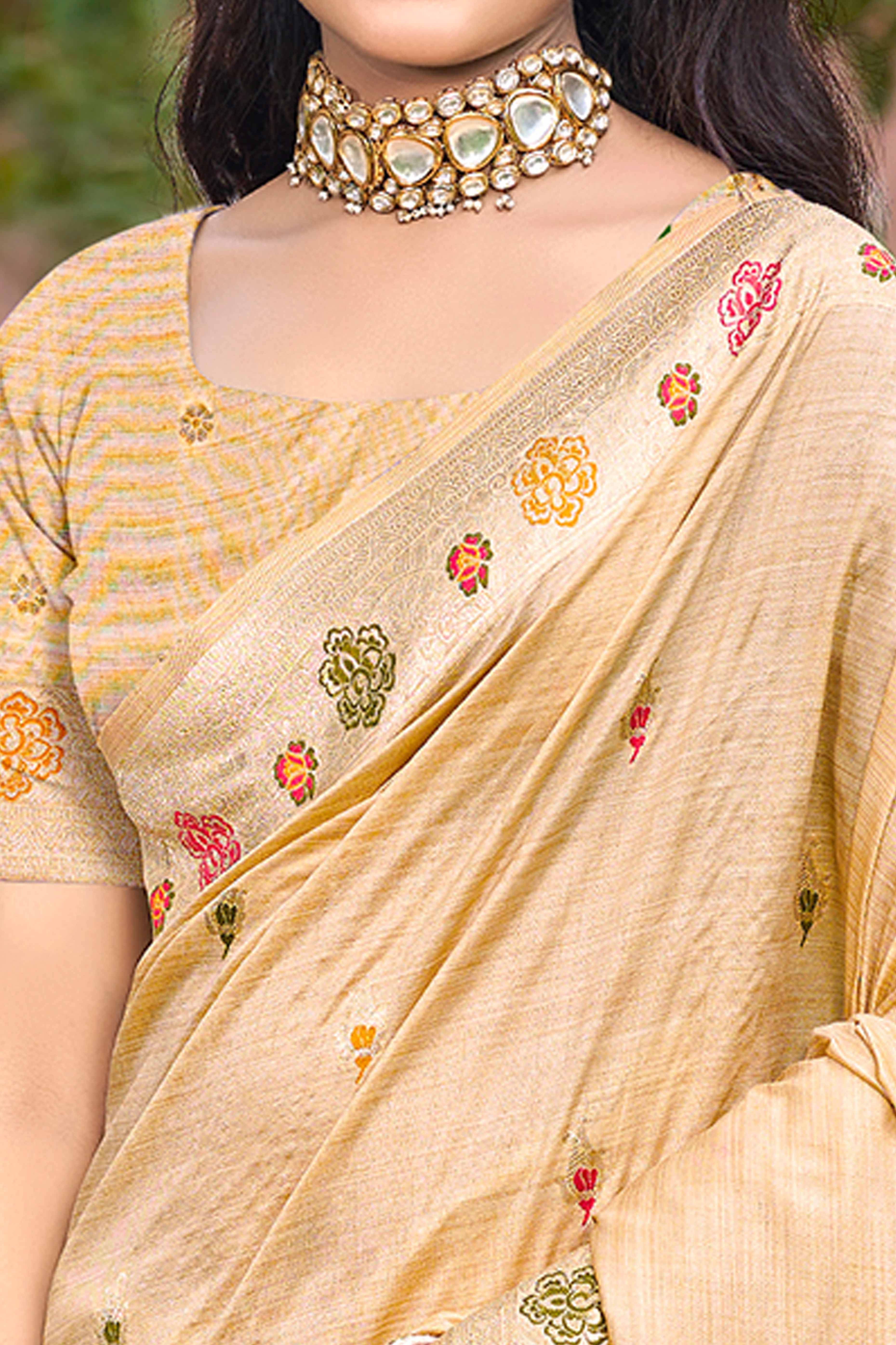 Cream Assam Silk Blend Saree Featuring Intricate Floral Zari Weave & Tassel Pallu