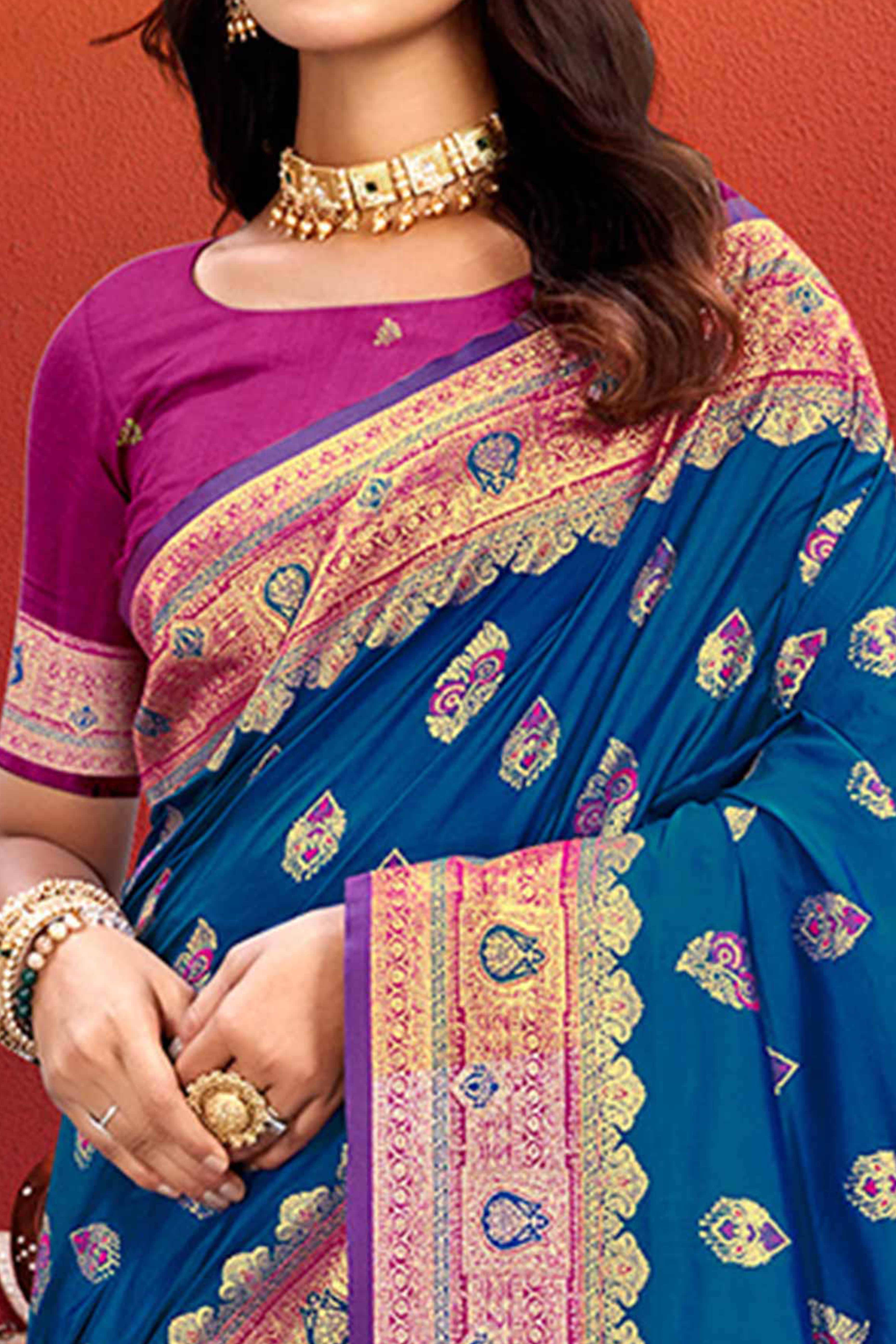 Designer Blue Floral Zari Weaving Silk Blend Saree With Stylish Tassel Pallu