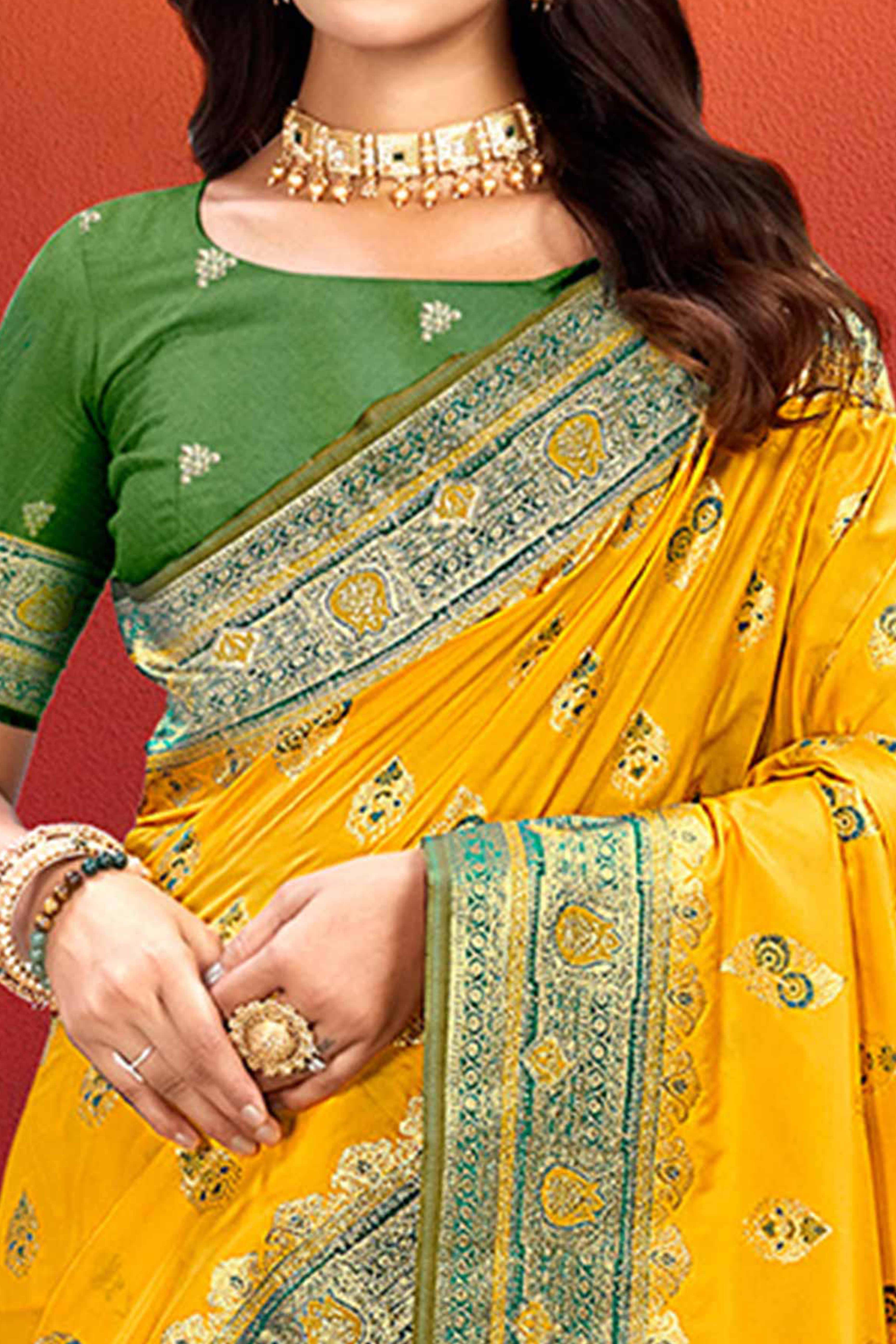 Designer Yellow Floral Zari Weaving Silk Blend Saree With Stylish Tassel Pallu