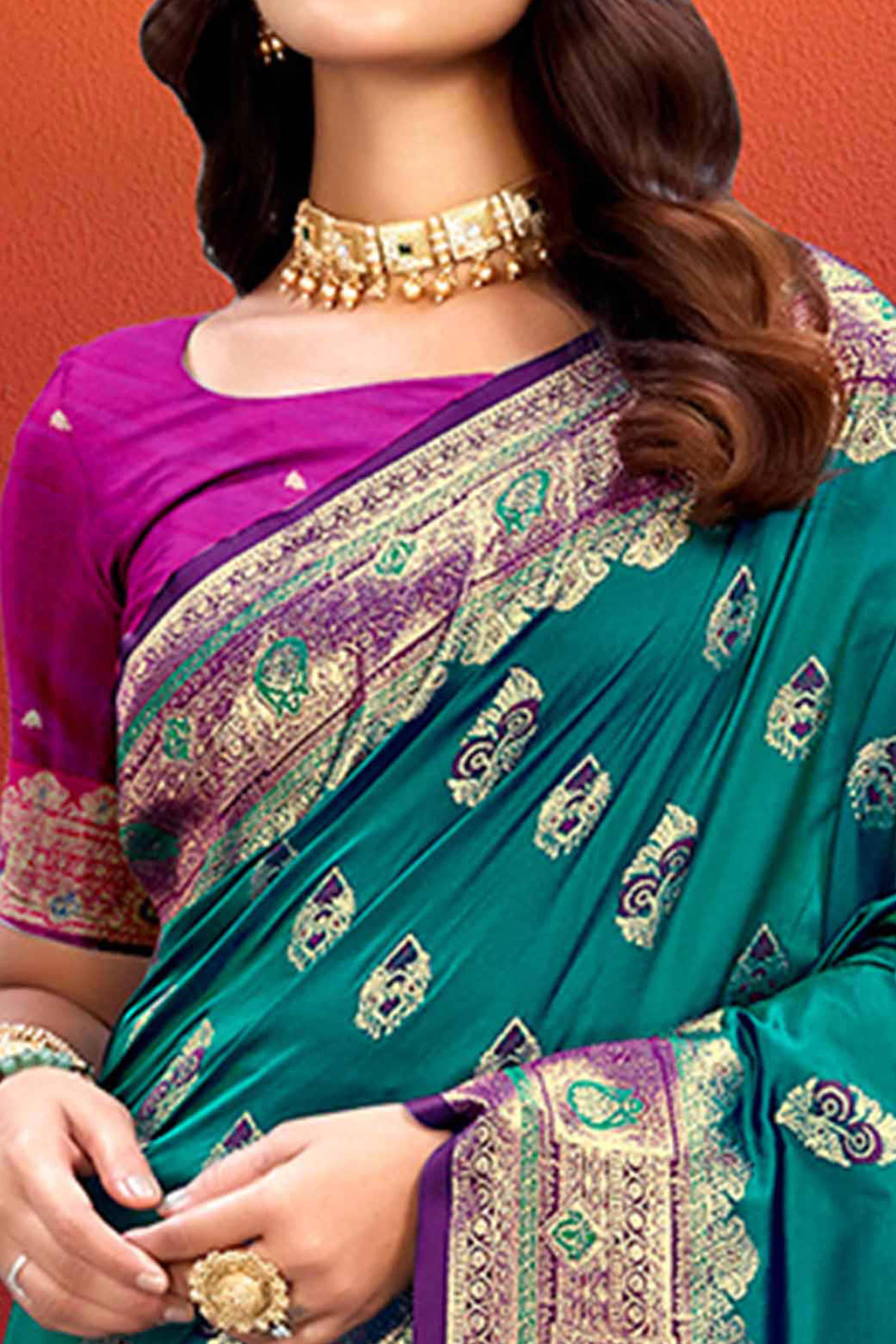 Designer Teal Floral Zari Weaving Silk Blend Saree With Stylish Tassel Pallu