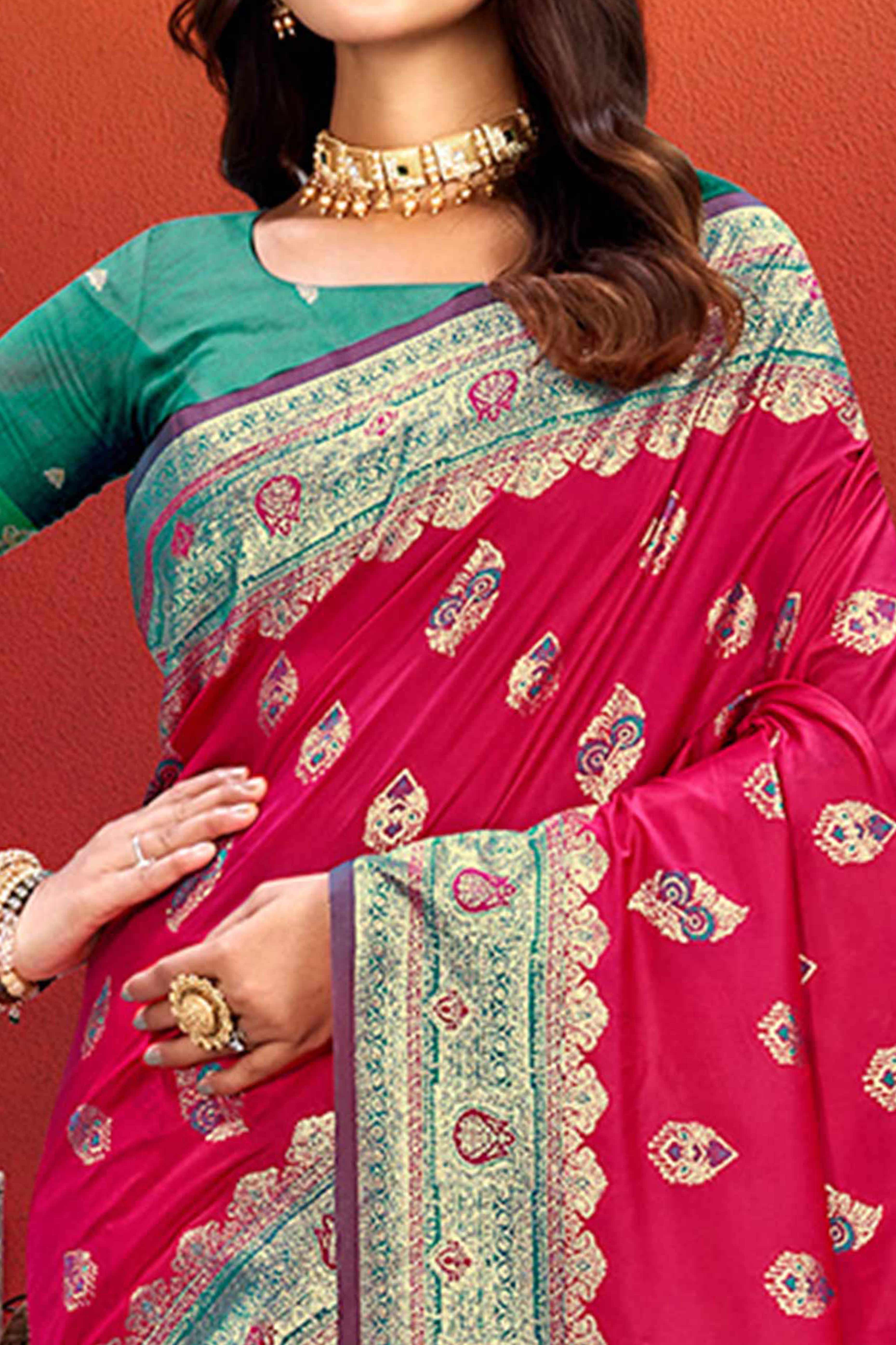 Designer Pink Floral Zari Weaving Silk Blend Saree With Stylish Tassel Pallu
